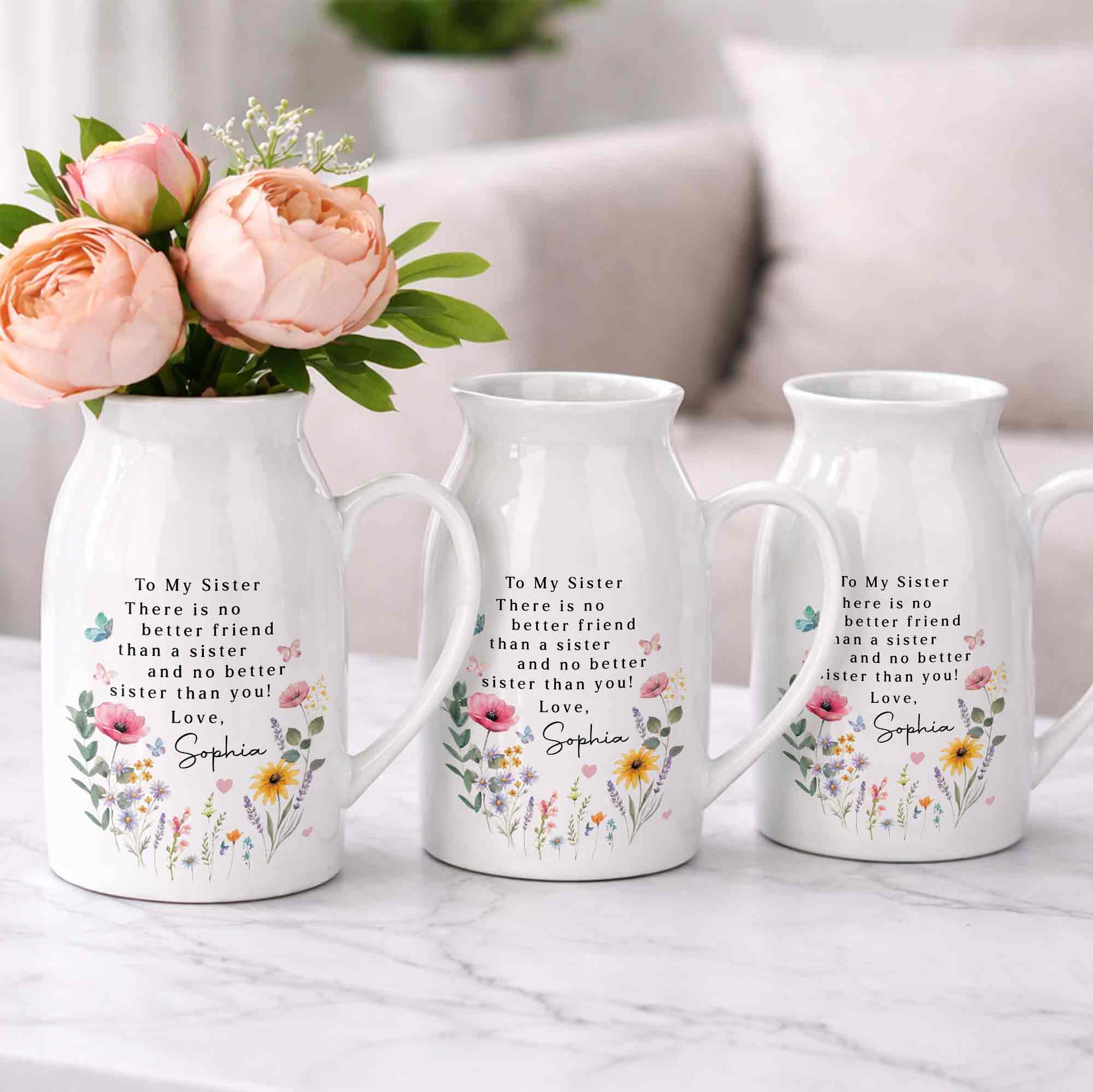 To My Sister No Better Friend Floral Butterfly - Personalized Ceramic Flower Vase