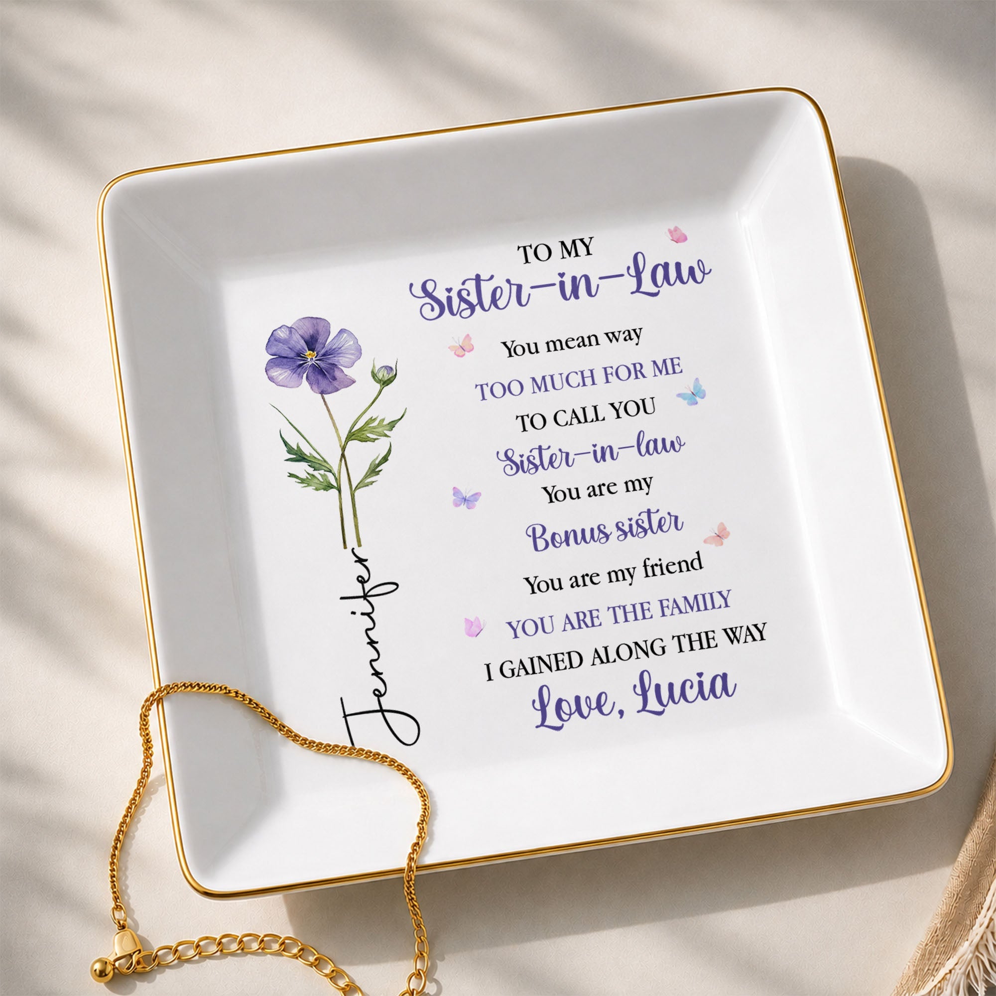 To My Sister-In-Law You Mean Way Too Much Flower Butterfly - Personalized Custom Jewelry Dish, Square Ceramic Dish - SIS077_SCRD
