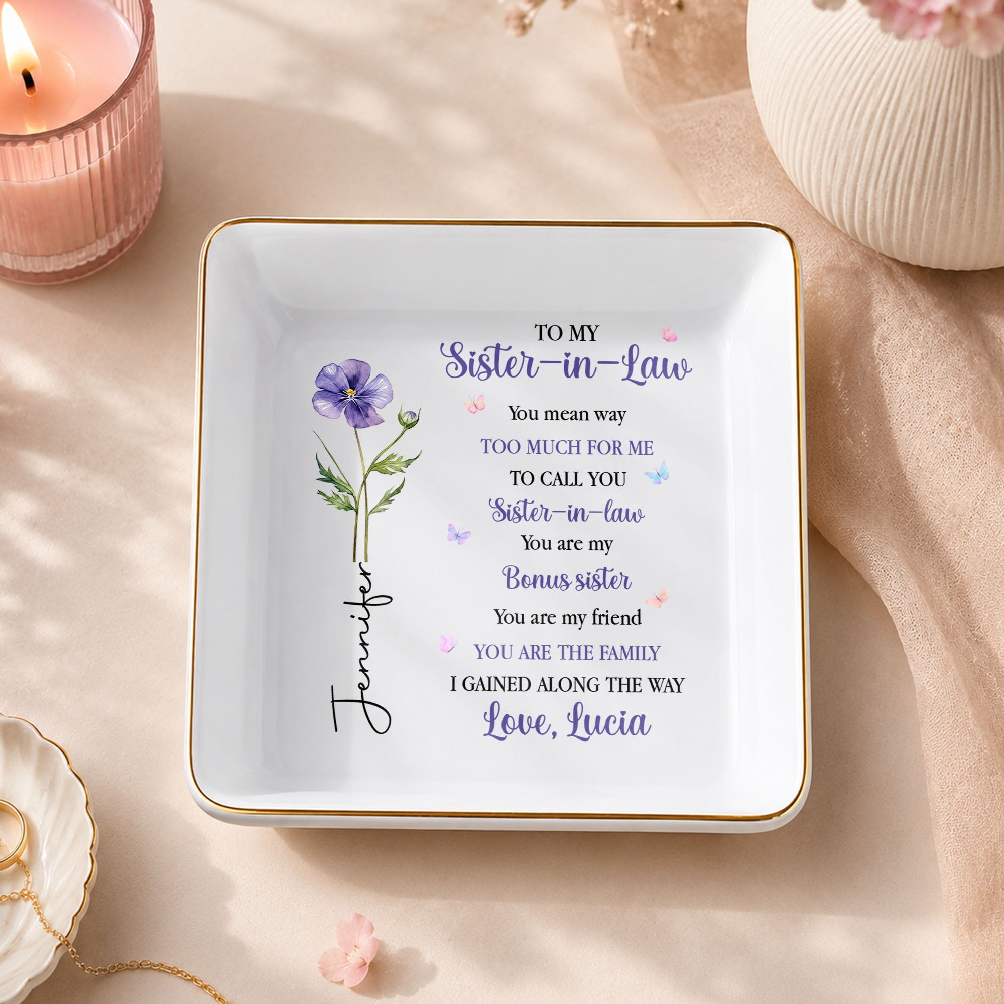 To My Sister-In-Law You Mean Way Too Much Flower Butterfly - Personalized Custom Jewelry Dish, Square Ceramic Dish - SIS077_SCRD