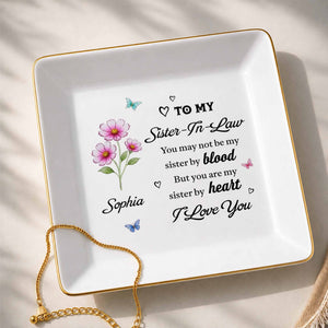 To My Sister In Law Sister By Heart Birth Month Flowers - Personalized Custom Jewelry Dish, Square Ceramic Dish - SIS080_SCRD