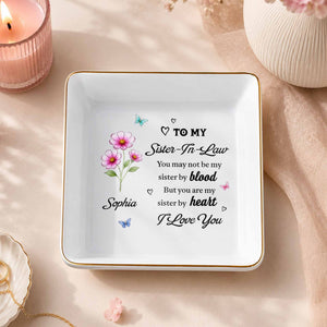 To My Sister In Law Sister By Heart Birth Month Flowers - Personalized Custom Jewelry Dish, Square Ceramic Dish - SIS080_SCRD