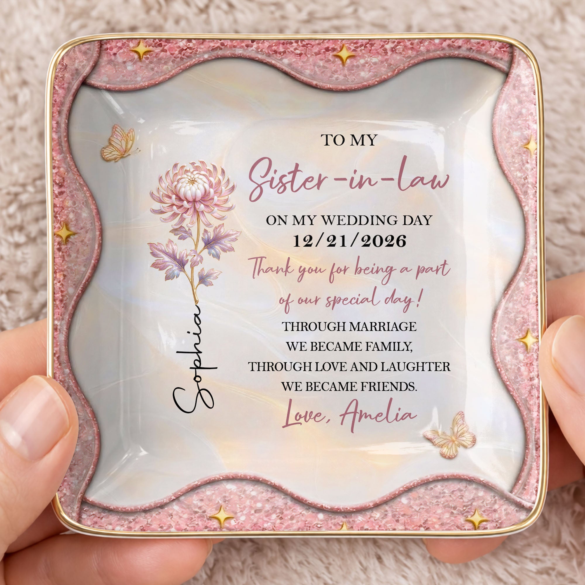 To My Sister In Law On My Wedding Day Birth Month Flower - Personalized Custom Jewelry Dish, Ceramic Dish, Square Shape - SIS081_SCRF
