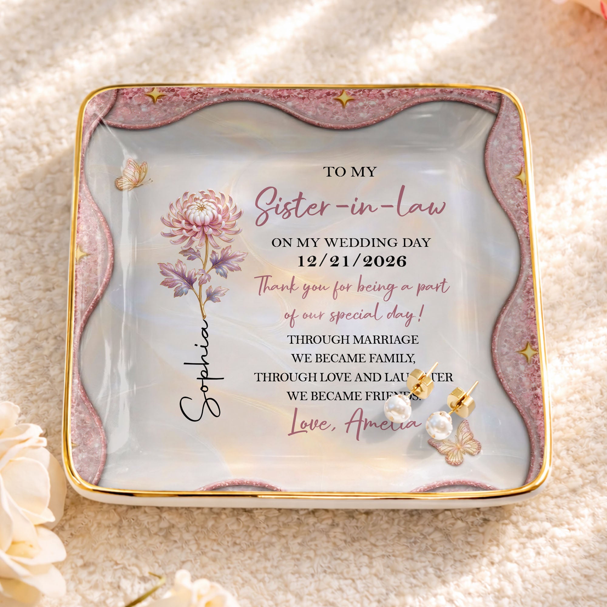 To My Sister In Law On My Wedding Day Birth Month Flower - Personalized Custom Jewelry Dish, Ceramic Dish, Square Shape - SIS081_SCRF