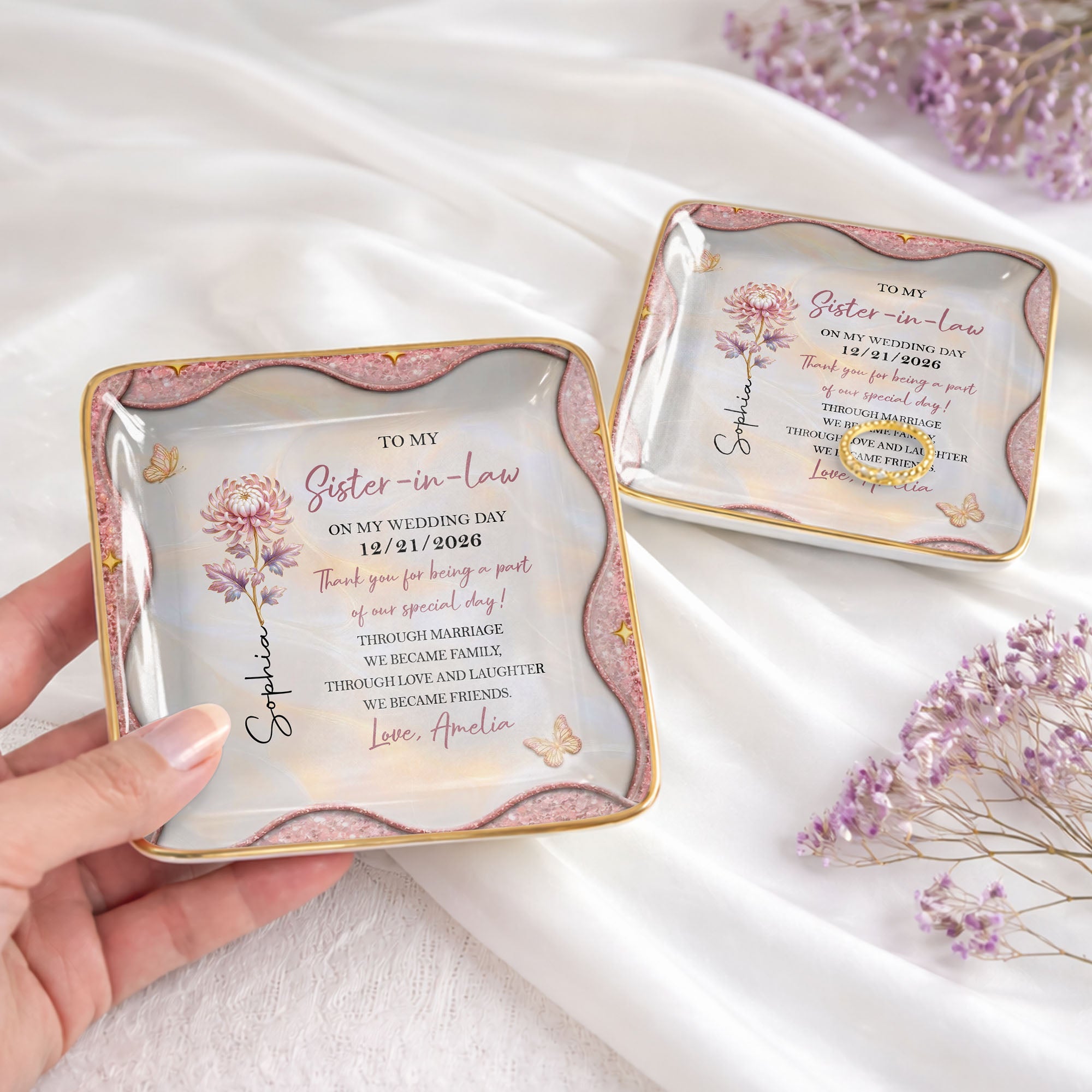 To My Sister In Law On My Wedding Day Birth Month Flower - Personalized Custom Jewelry Dish, Ceramic Dish, Square Shape - SIS081_SCRF
