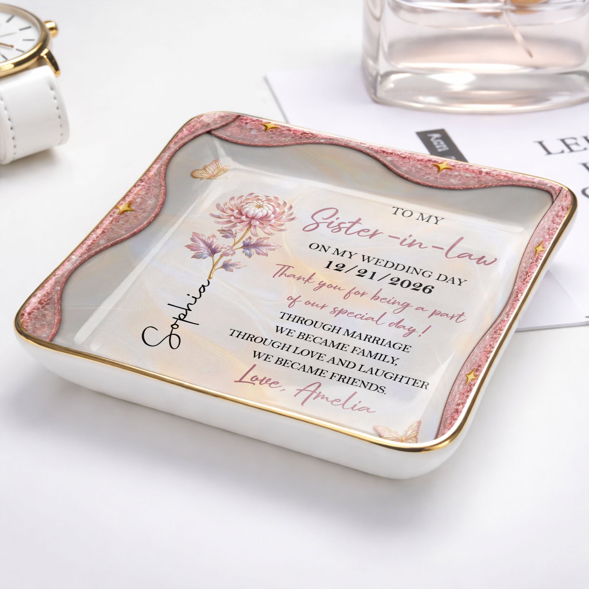 To My Sister In Law On My Wedding Day Birth Month Flower - Personalized Custom Jewelry Dish, Ceramic Dish, Square Shape - SIS081_SCRF