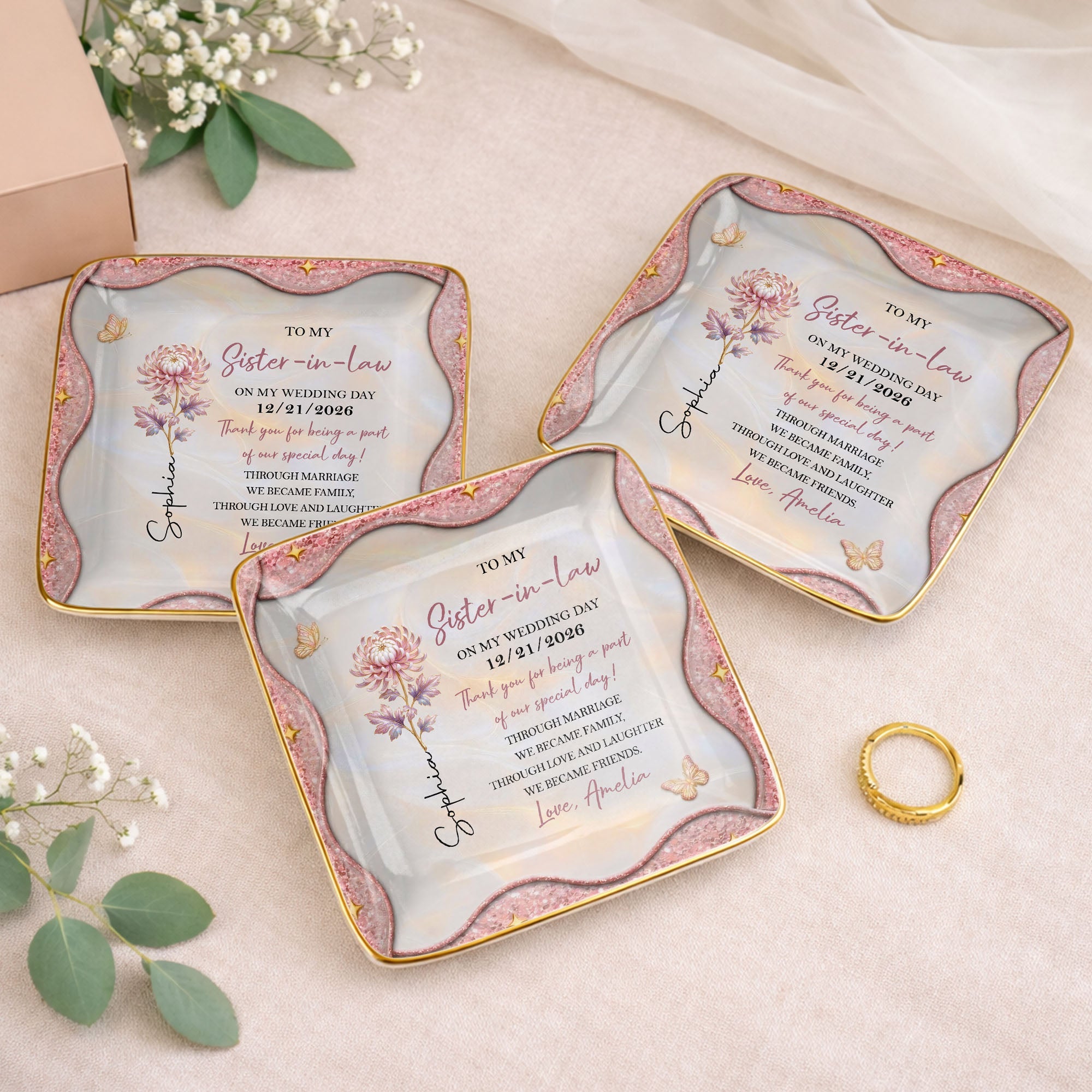 To My Sister In Law On My Wedding Day Birth Month Flower - Personalized Custom Jewelry Dish, Ceramic Dish, Square Shape - SIS081_SCRF