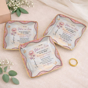 To My Sister In Law On My Wedding Day Birth Month Flower - Personalized Custom Jewelry Dish, Ceramic Dish, Square Shape - SIS081_SCRF