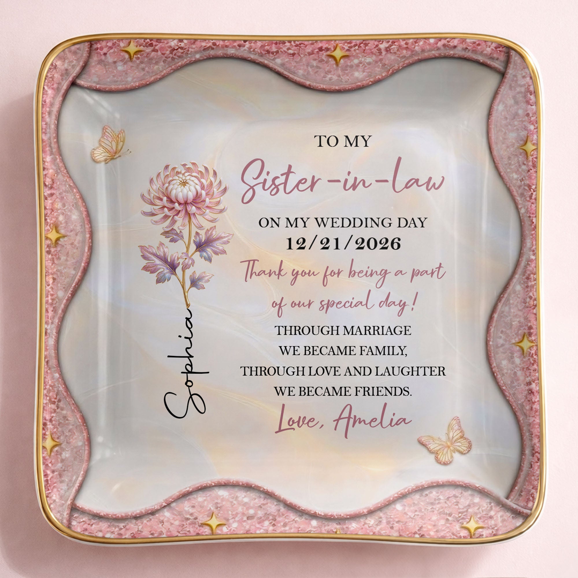 To My Sister In Law On My Wedding Day Birth Month Flower - Personalized Custom Jewelry Dish, Ceramic Dish, Square Shape - SIS081_SCRF