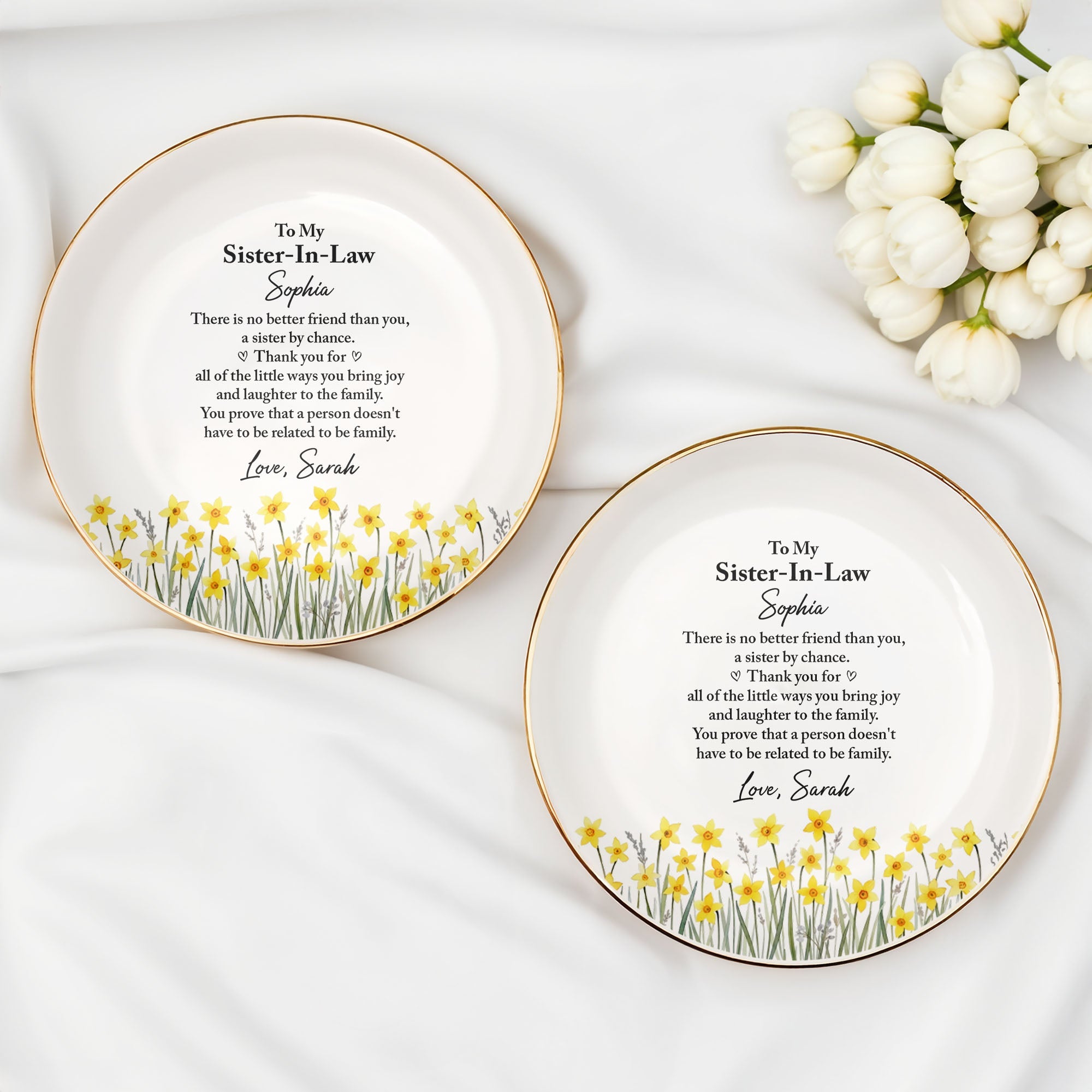 To My Sister In Law No Better Friend Yellow Flowers - Personalized Custom Jewelry Dish, Ceramic Dish, Round Shape - SIS085_RCRF