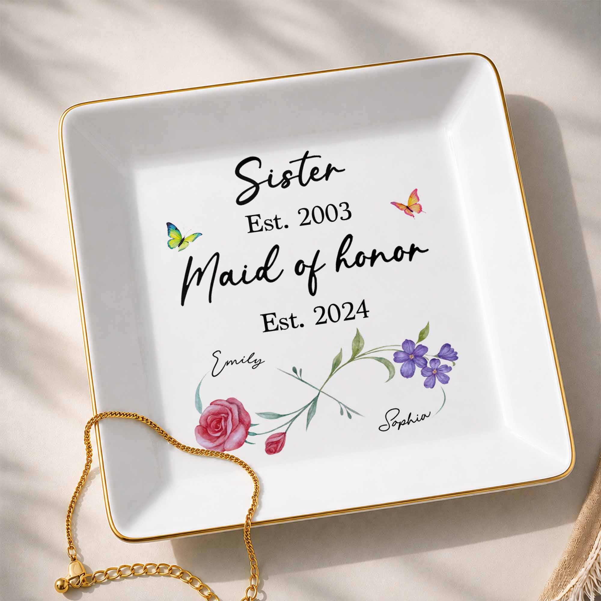 Sister Maid Of Honor Floral Birth Month Flower - Personalized Custom Jewelry Dish, Square Ceramic Dish - SIS111_SCRD
