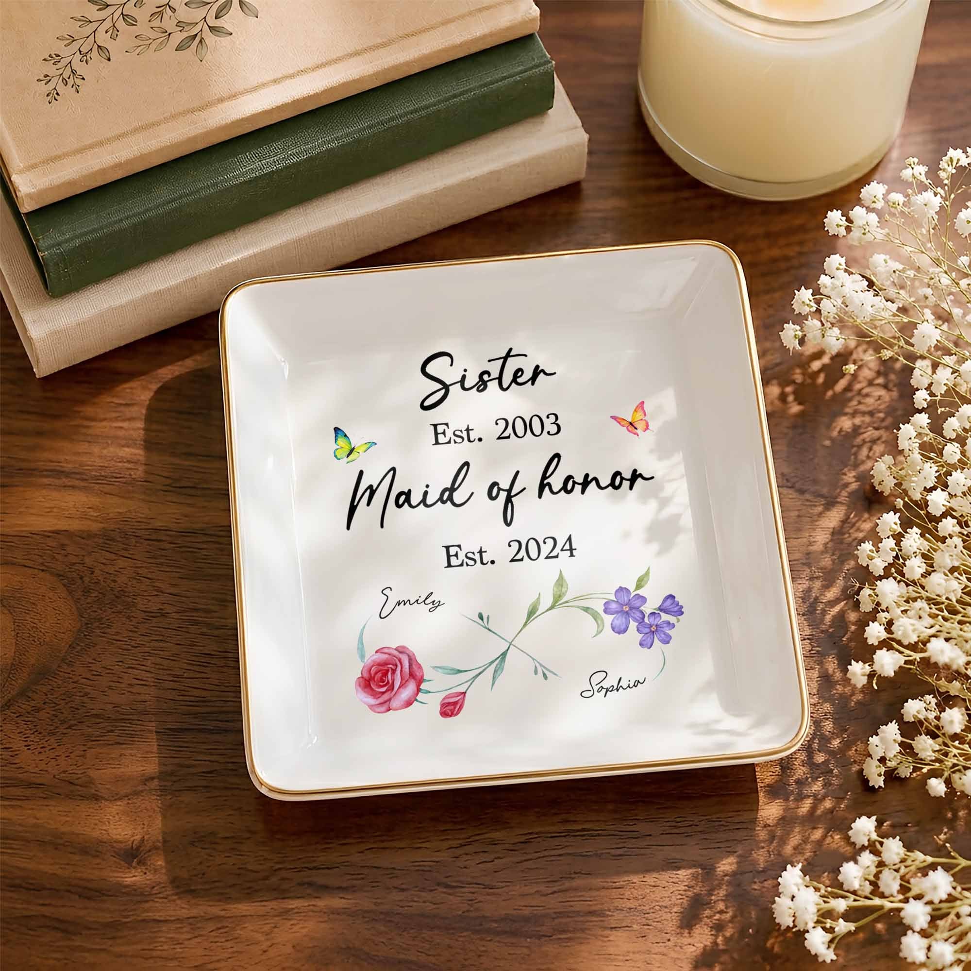 Sister Maid Of Honor Floral Birth Month Flower - Personalized Custom Jewelry Dish, Square Ceramic Dish - SIS111_SCRD