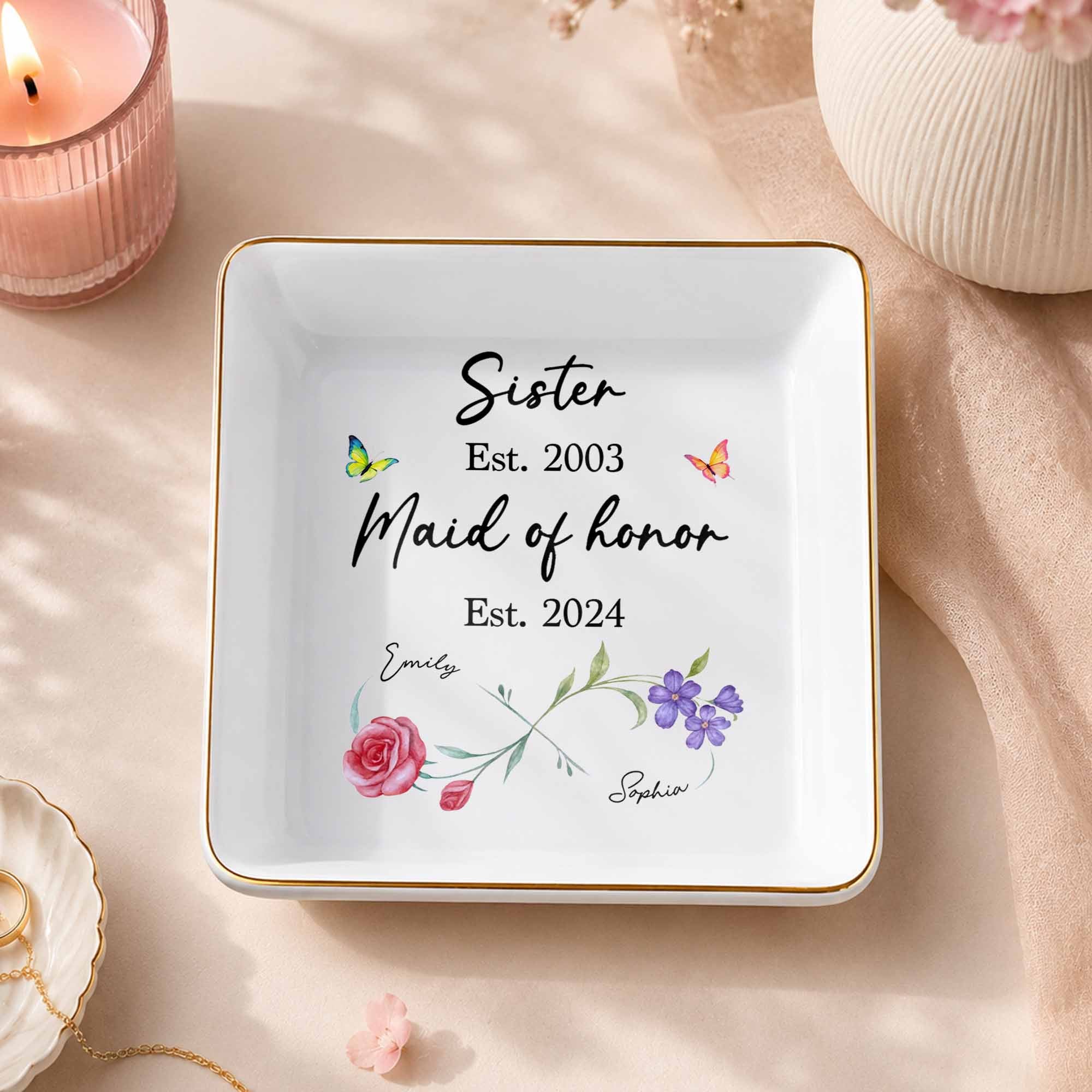 Sister Maid Of Honor Floral Birth Month Flower - Personalized Custom Jewelry Dish, Square Ceramic Dish - SIS111_SCRD