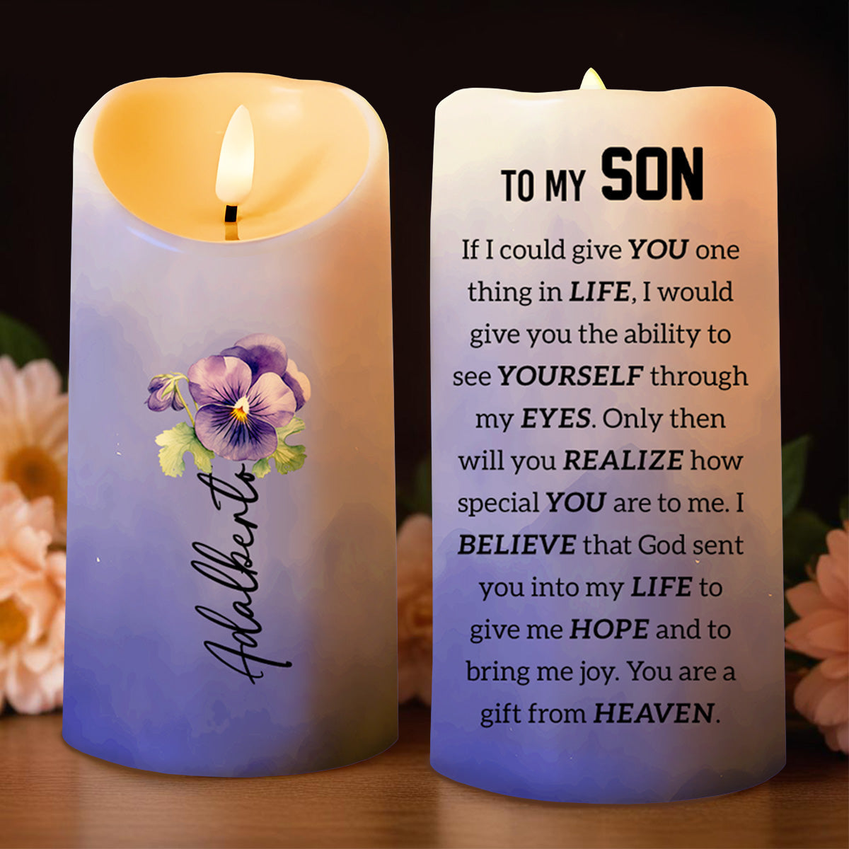 Gift From Heaven Quote With Pansy Flower Design - Personalized Custom LED Candle - SON017_LECA