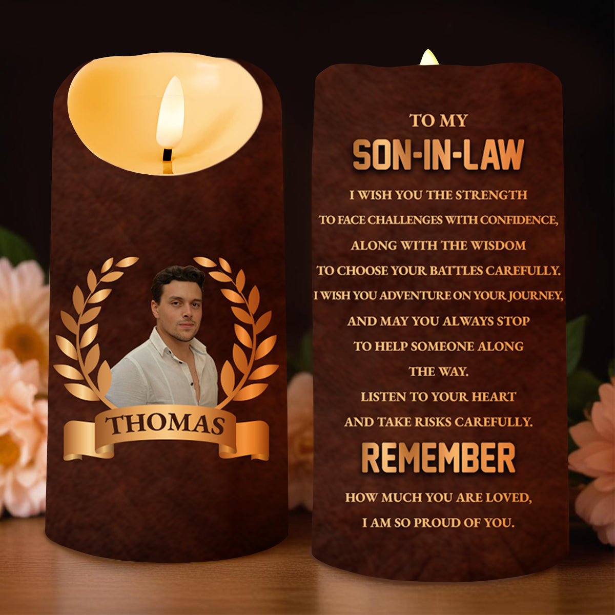 Son-In-Law Strength And Love LED Candle With Laurel Wreaths - Personalized Custom LED Candle - SON022_LECA