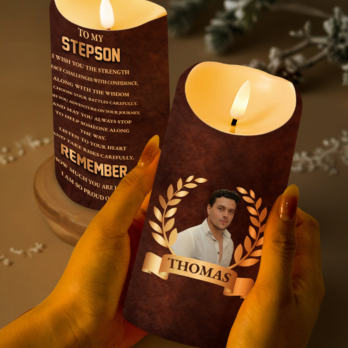 To My Stepson I Wish You Strength Wisdom And Love Laurel Wreath - Personalized Custom LED Candle - SON024_LECA