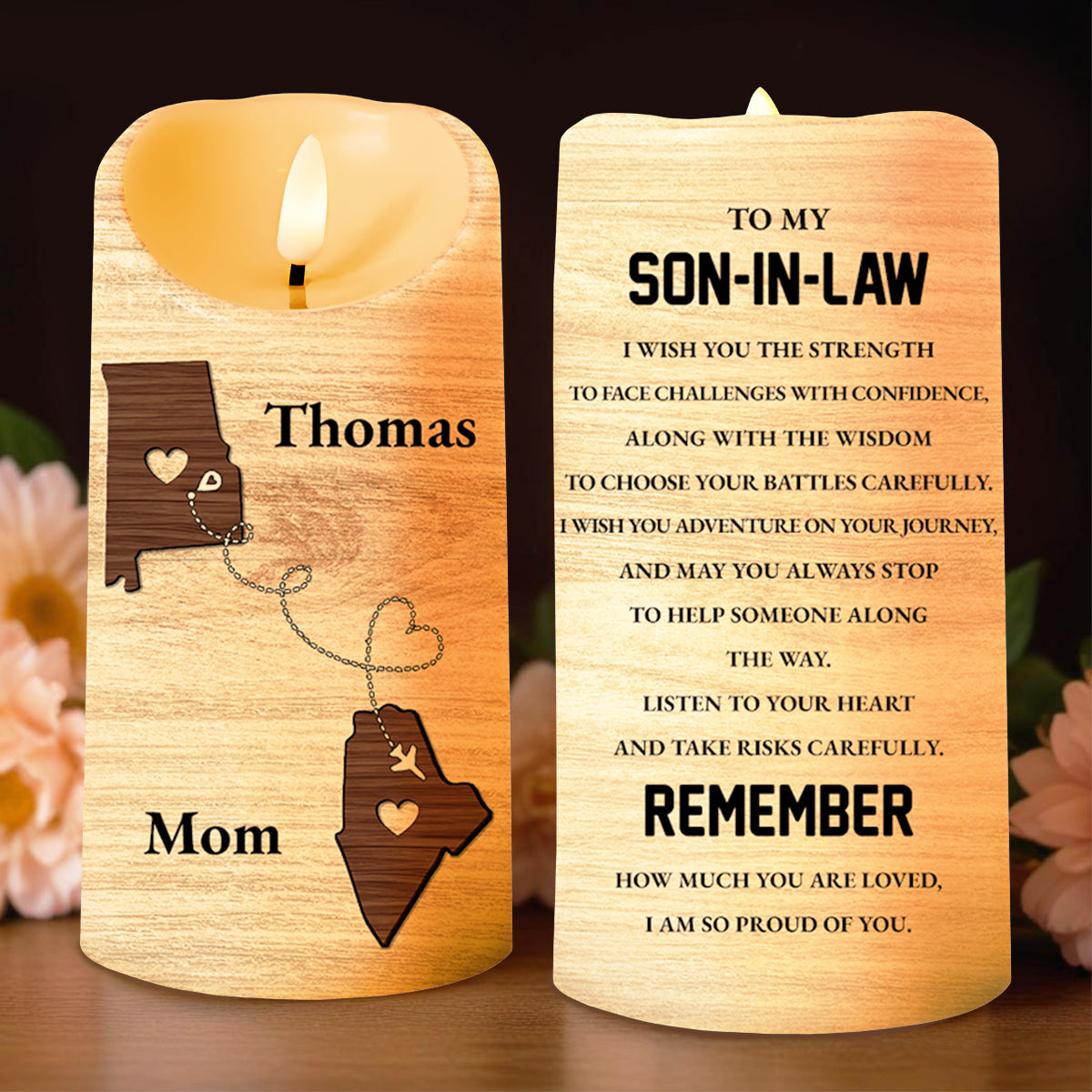 Proud Of You Son-In-Law Wooden Heart Chain Design - Personalized Custom LED Candle - SON025_LECA