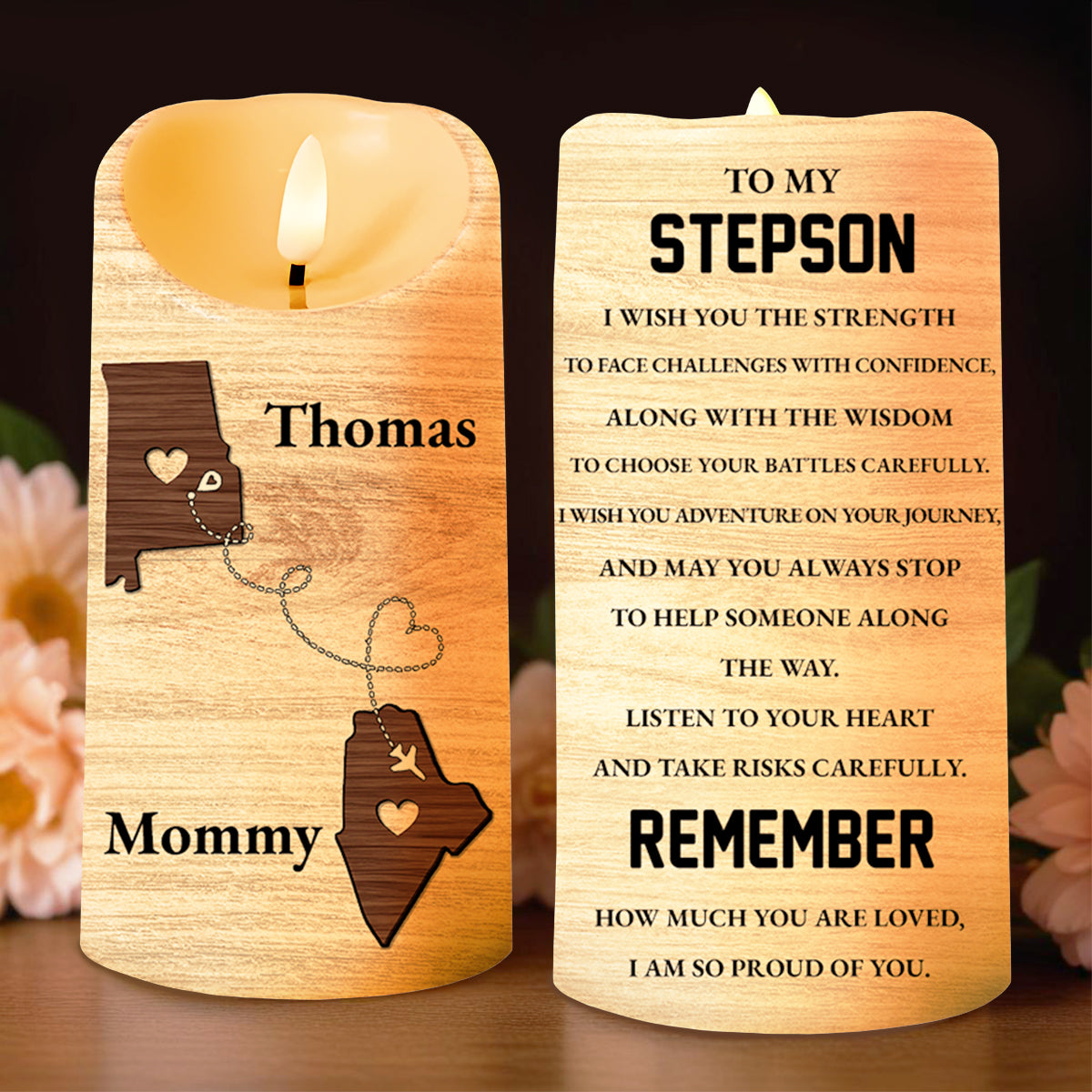 Loving Message for Stepson with Heart Chain Design - Personalized Custom LED Candle - SON027_LECA