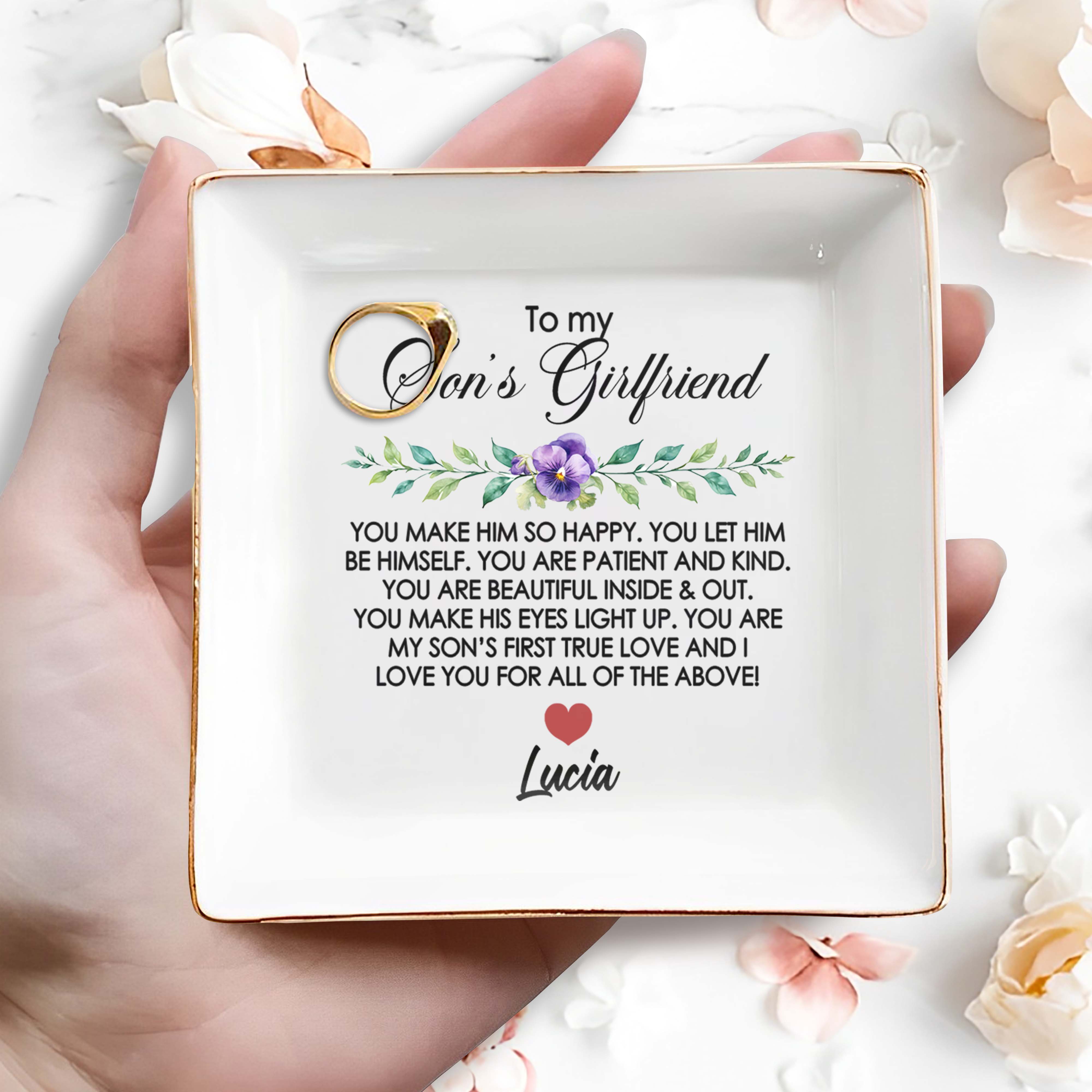 True Love and Happiness Message With Flowers and Heart - Personalized Custom Jewelry Dish - SON029_SCRD