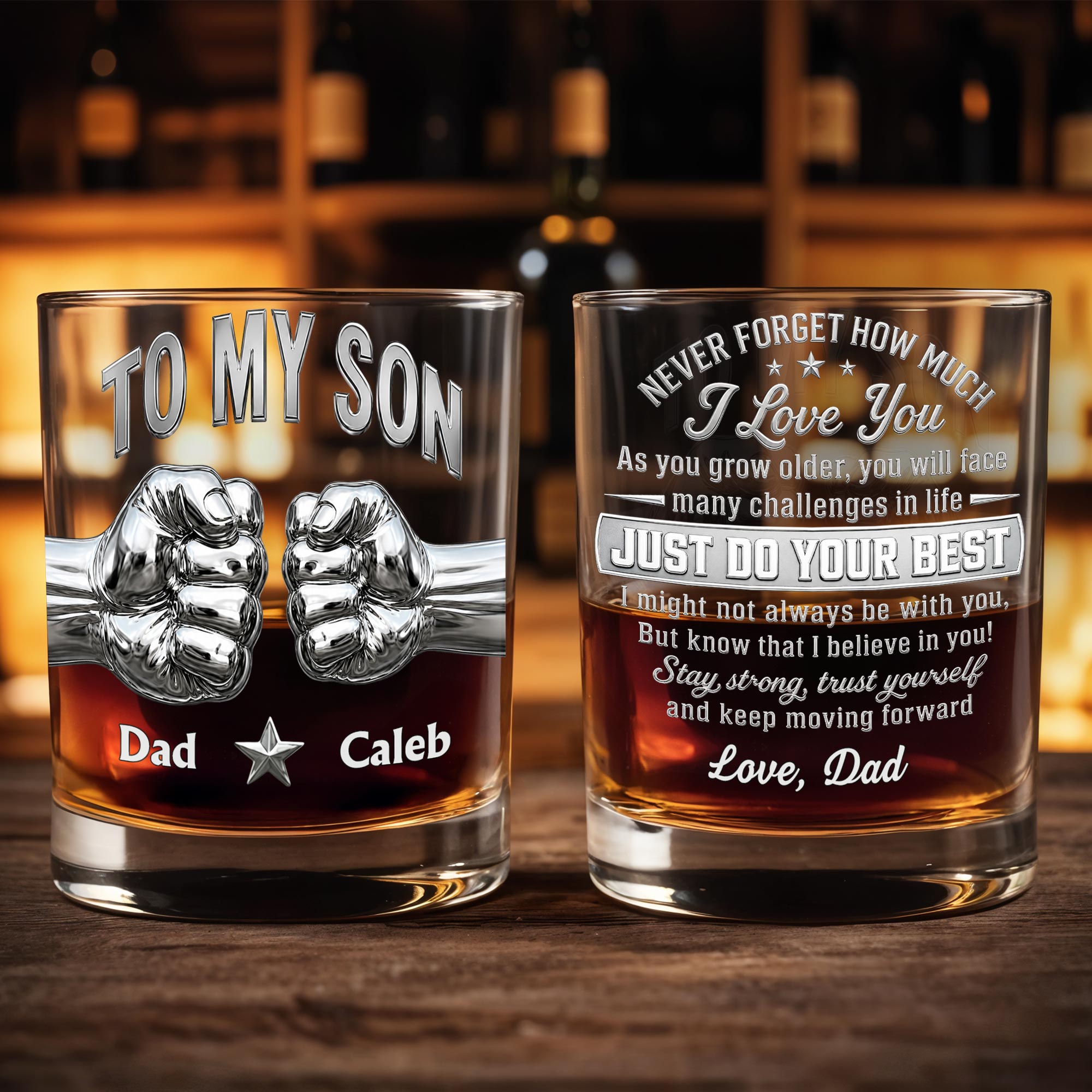 To My Son Never Forget How Much I Love You Fist Bump Metallic - Personalized Custom Whiskey Glass - SON110_RWG