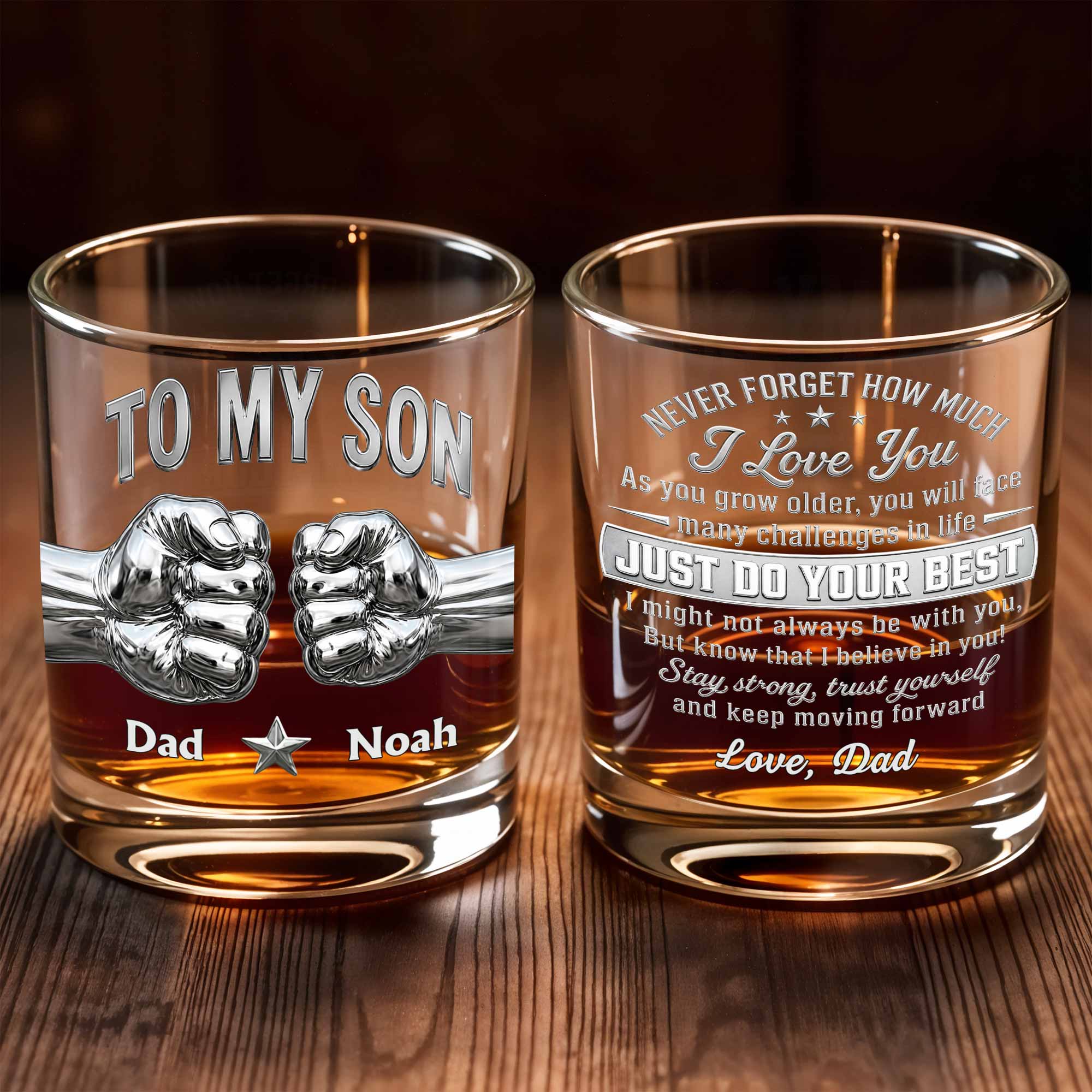 To My Son Never Forget How Much I Love You Fist Bump Metallic - Personalized Custom Whiskey Glass - SON110_RWG