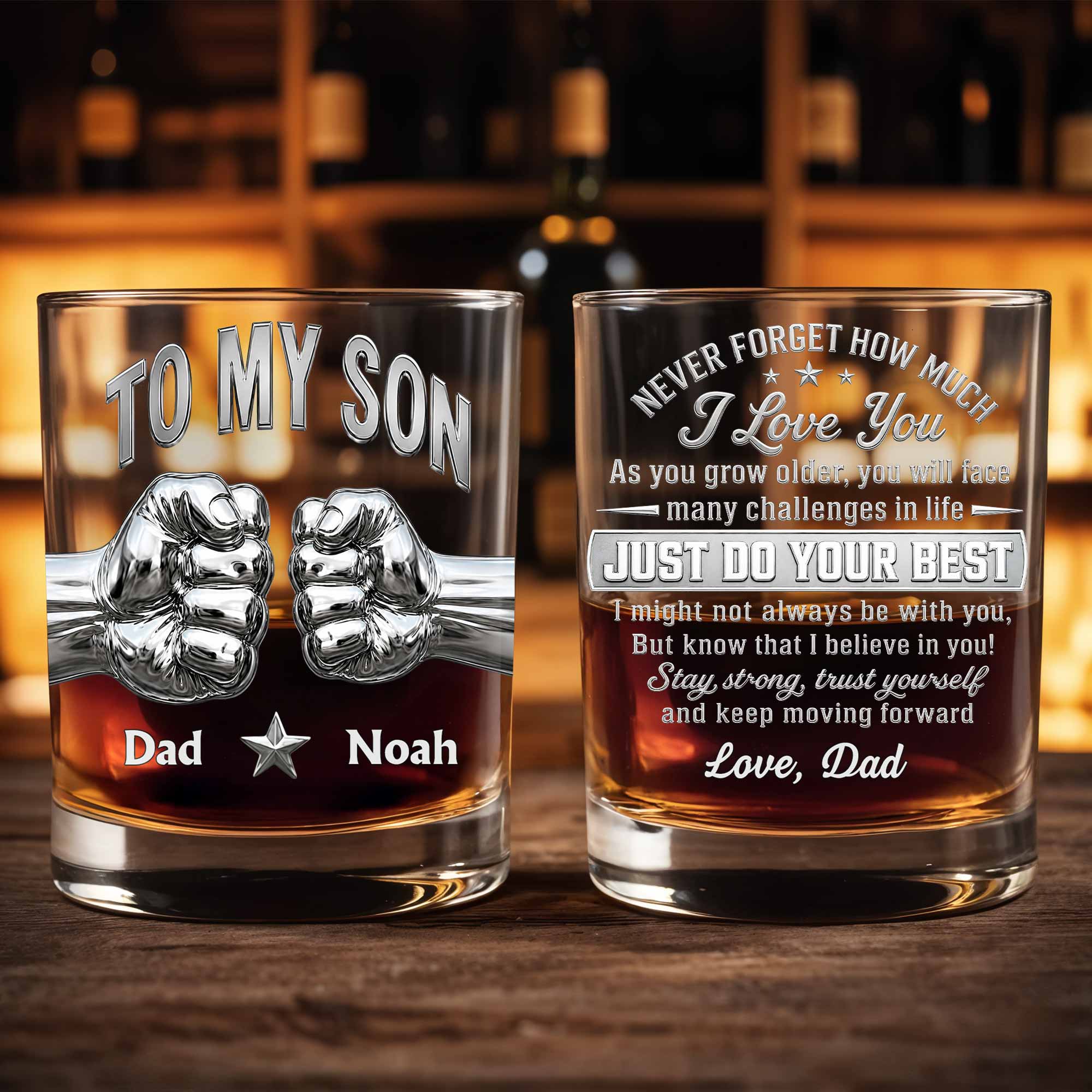To My Son Never Forget How Much I Love You Fist Bump Metallic - Personalized Custom Whiskey Glass - SON110_RWG