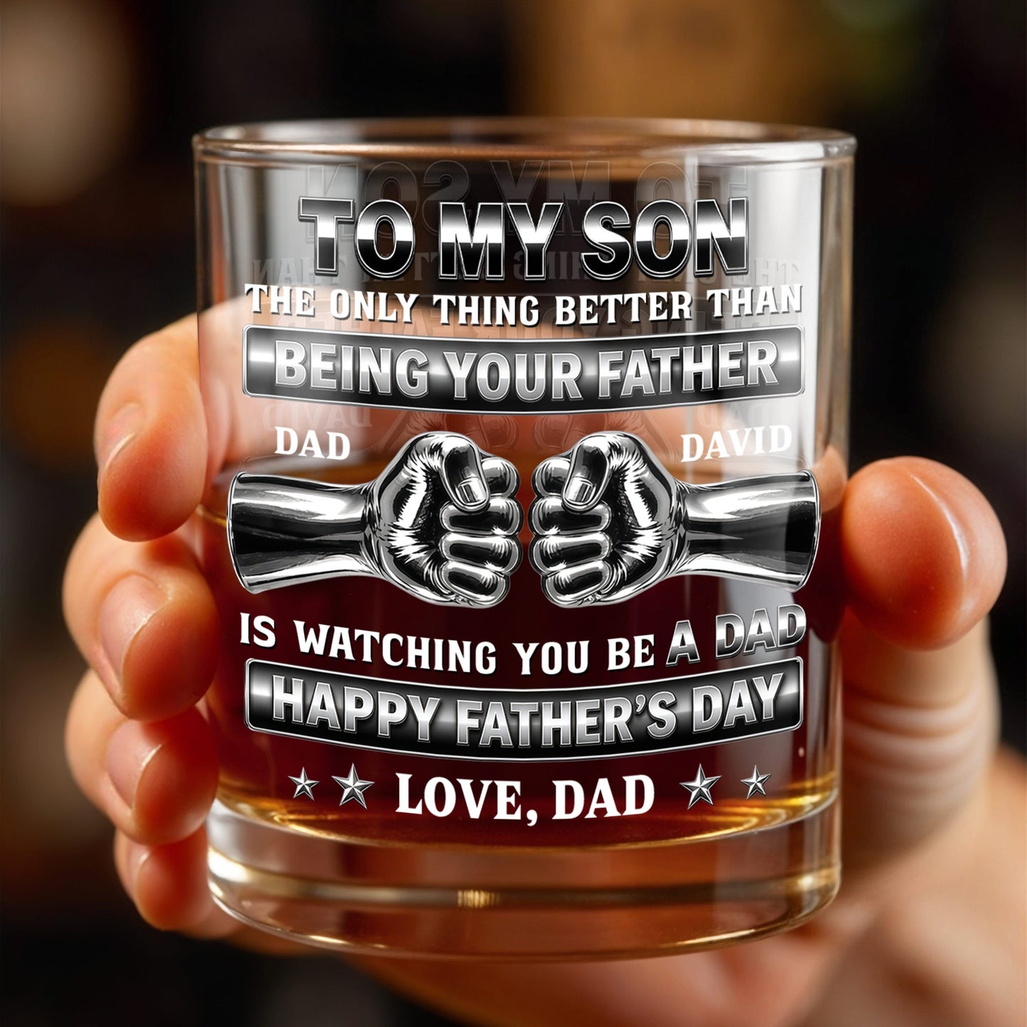 To My Son Better Than Being Your Father Fist Bump Design - Personalized Custom Whiskey Glass - SON143_RWG