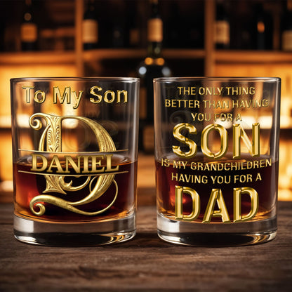 To My Son Custom Golden Alphabet Art Split Monogram - Personalized Custom Whiskey Glass - SON151_RWG