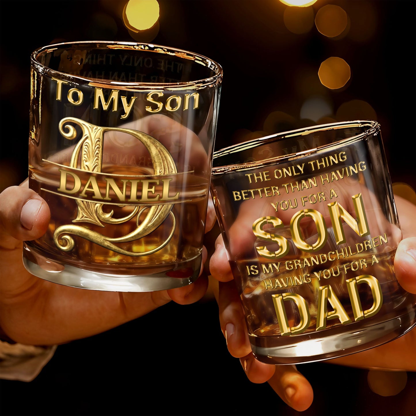 To My Son Custom Golden Alphabet Art Split Monogram - Personalized Custom Whiskey Glass - SON151_RWG