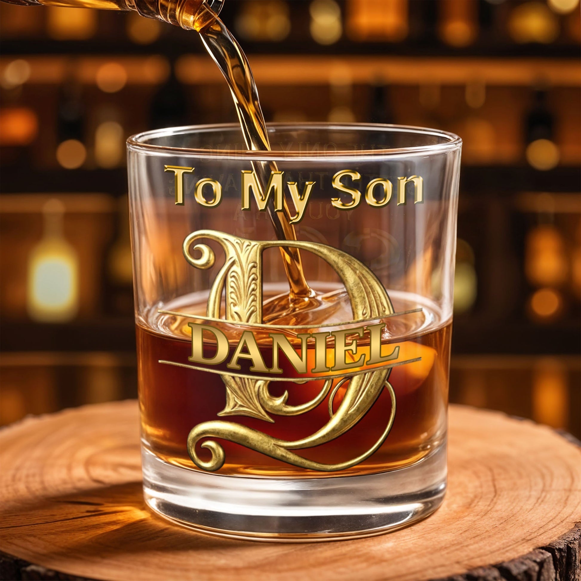 To My Son Custom Golden Alphabet Art Split Monogram - Personalized Custom Whiskey Glass - SON151_RWG