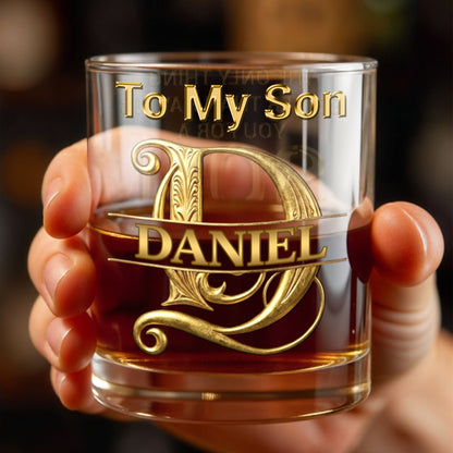 To My Son Custom Golden Alphabet Art Split Monogram - Personalized Custom Whiskey Glass - SON151_RWG