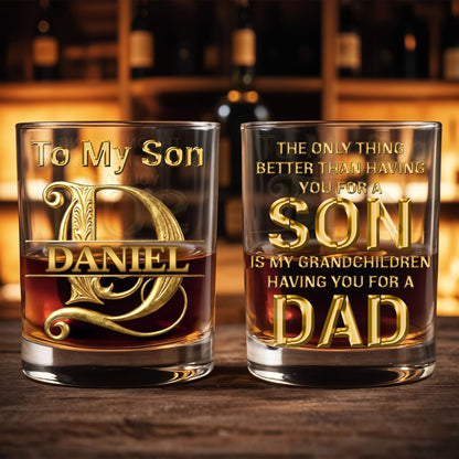 To My Son Custom Golden Alphabet Art Split Monogram - Personalized Custom Whiskey Glass - SON151_RWG