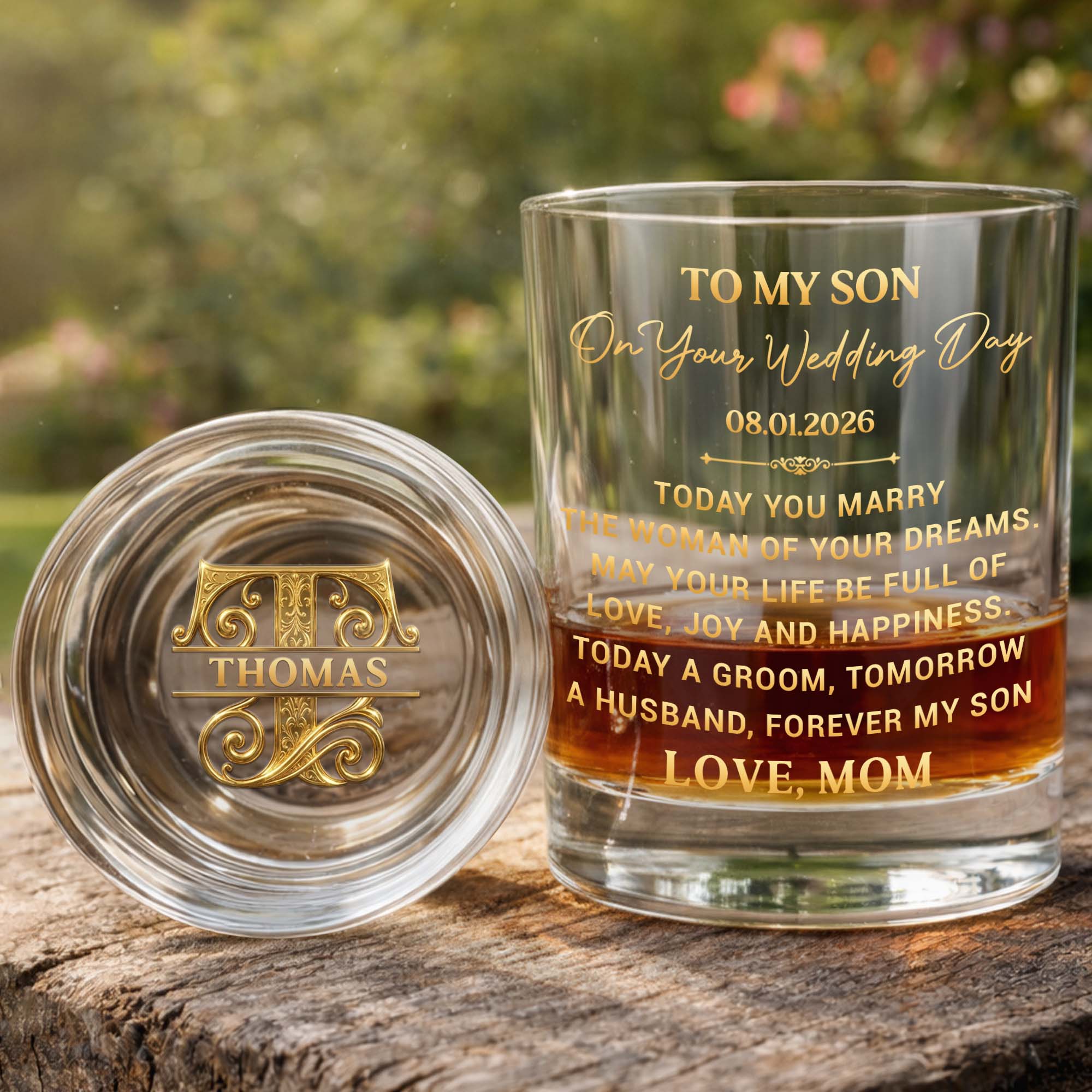 To My Son On Your Wedding Day With 3D Golden Monogram - Personalized Whiskey Glass - SON152_PRIWI
