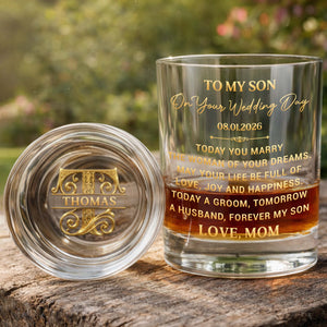 To My Son On Your Wedding Day With 3D Golden Monogram - Personalized Whiskey Glass - SON152_PRIWI