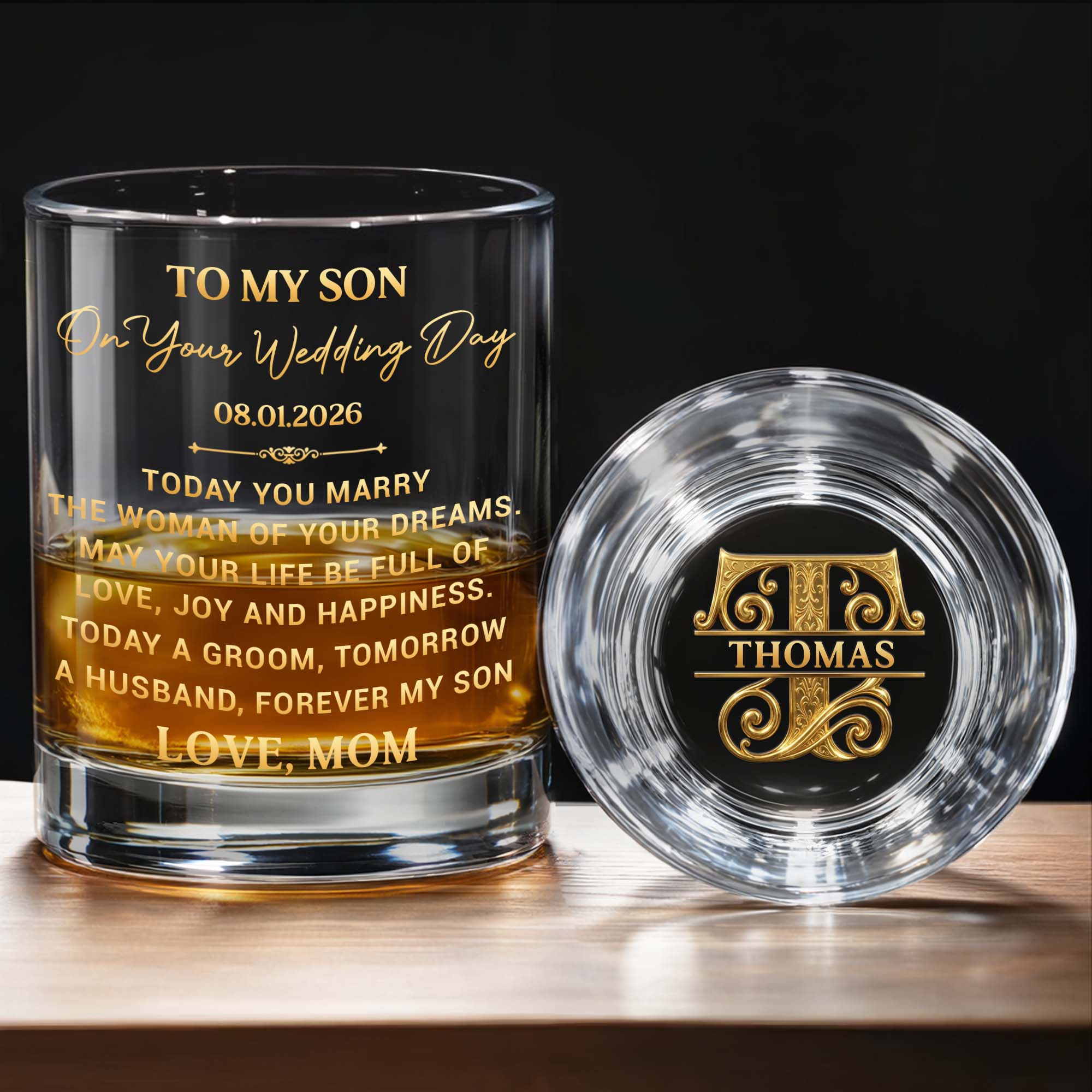 To My Son On Your Wedding Day With 3D Golden Monogram - Personalized Whiskey Glass - SON152_PRIWI