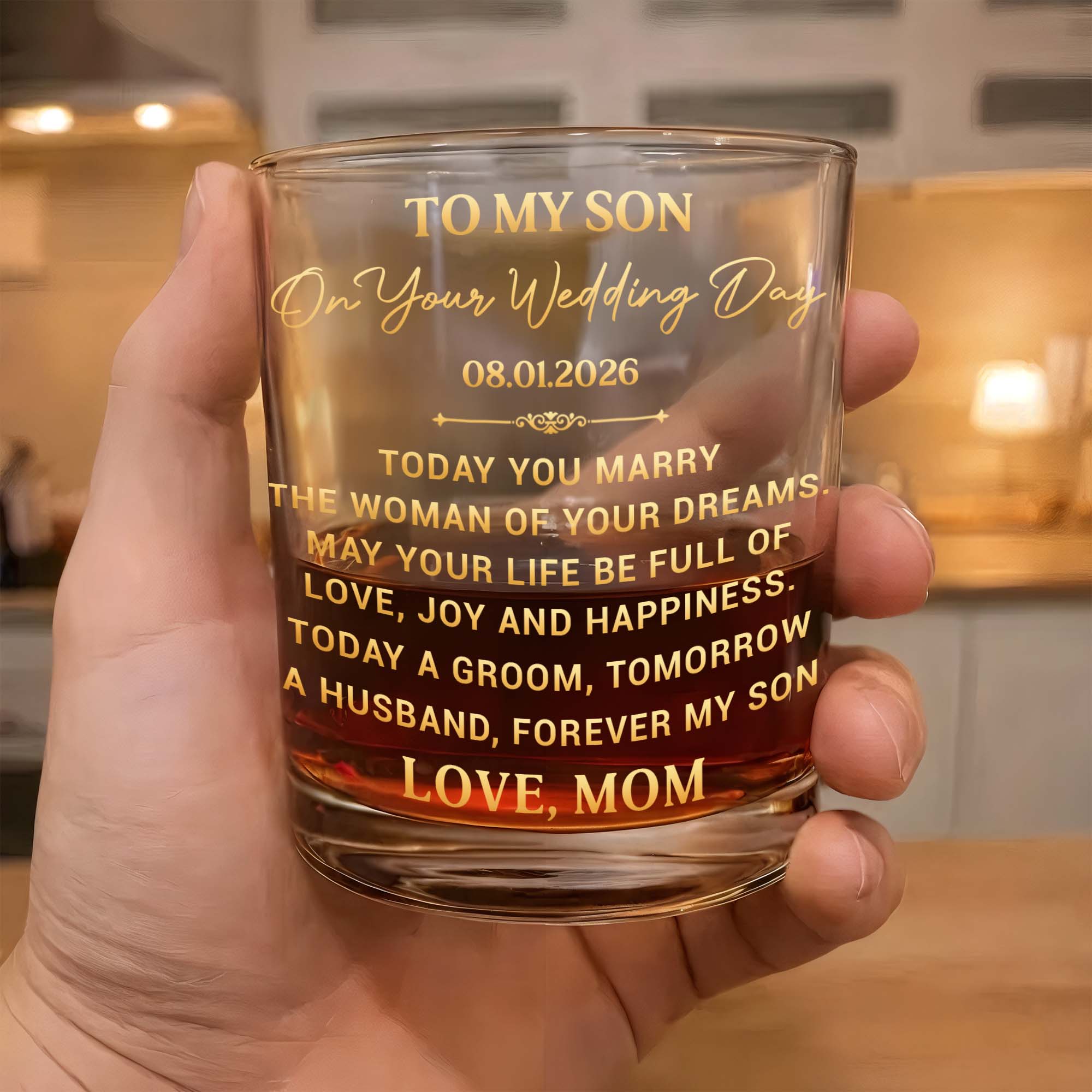 To My Son On Your Wedding Day With 3D Golden Monogram - Personalized Whiskey Glass - SON152_PRIWI