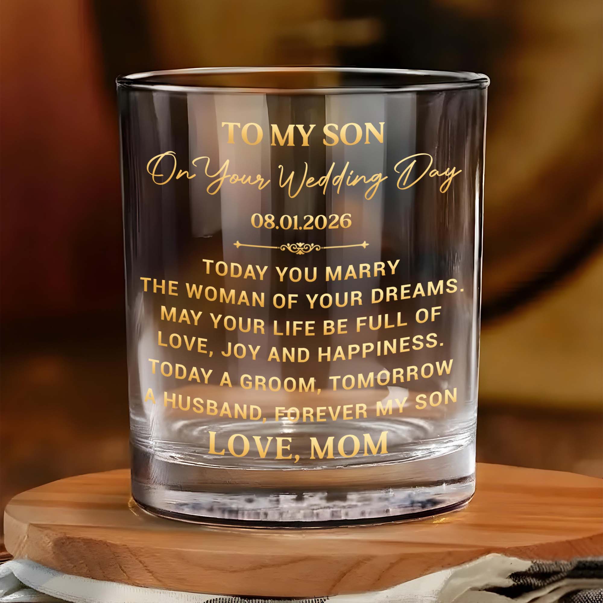 To My Son On Your Wedding Day With 3D Golden Monogram - Personalized Whiskey Glass - SON152_PRIWI