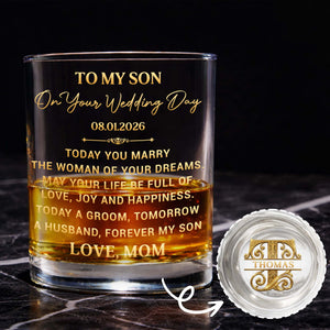 To My Son On Your Wedding Day With 3D Golden Monogram - Personalized Whiskey Glass - SON152_PRIWI