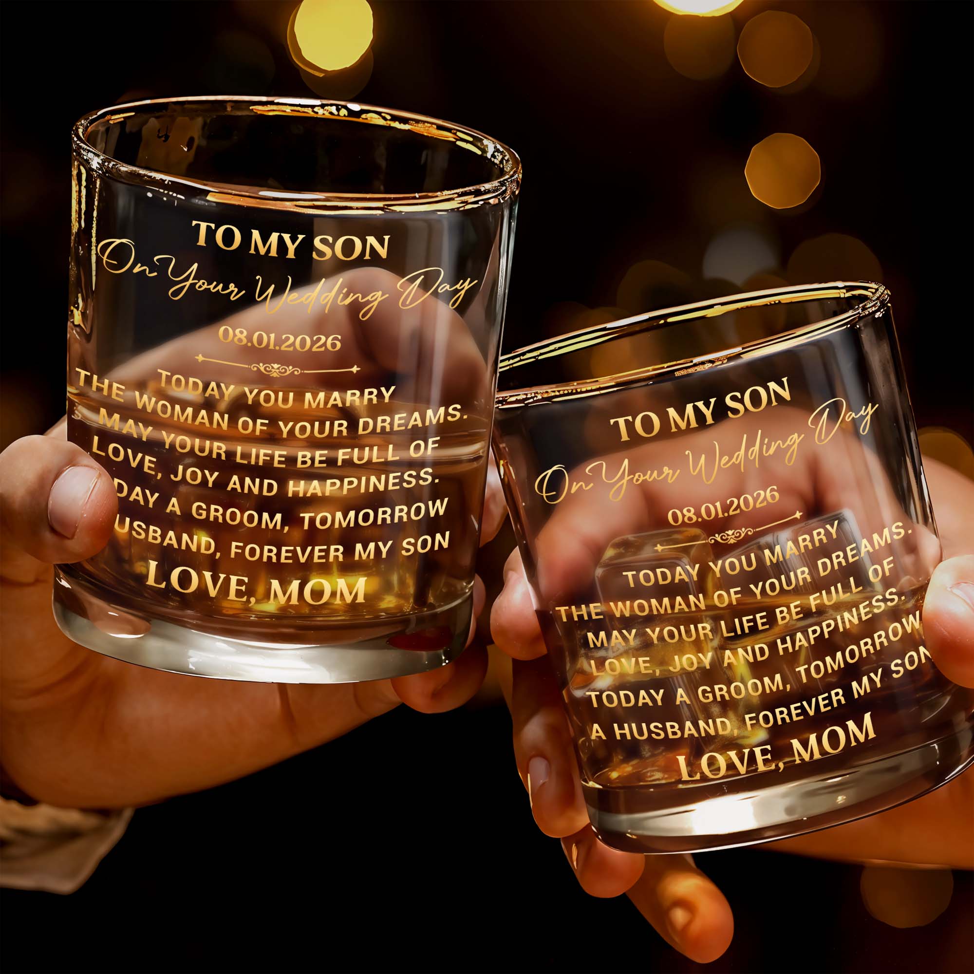 To My Son On Your Wedding Day With 3D Golden Monogram - Personalized Whiskey Glass - SON152_PRIWI