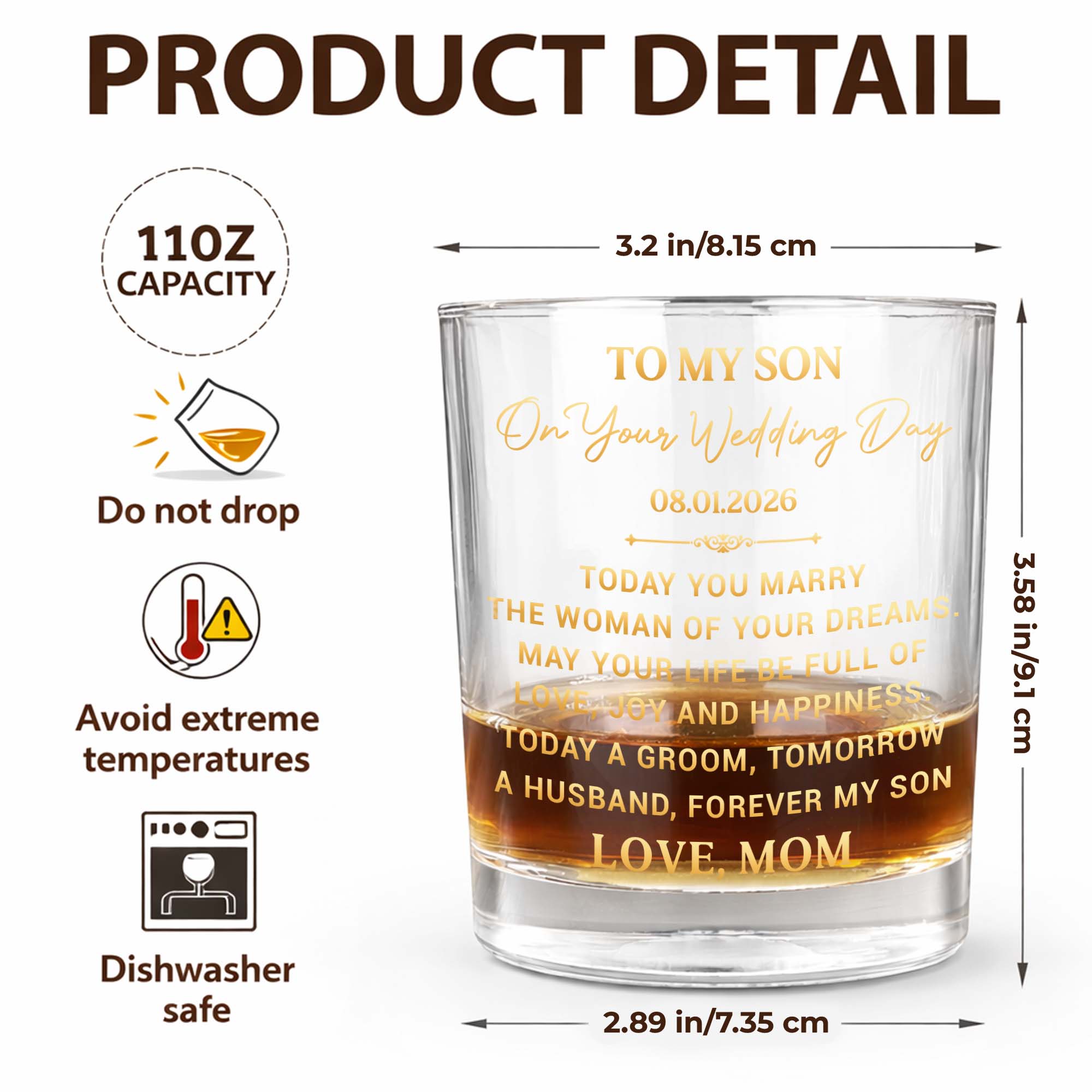 To My Son On Your Wedding Day With 3D Golden Monogram - Personalized Whiskey Glass - SON152_PRIWI