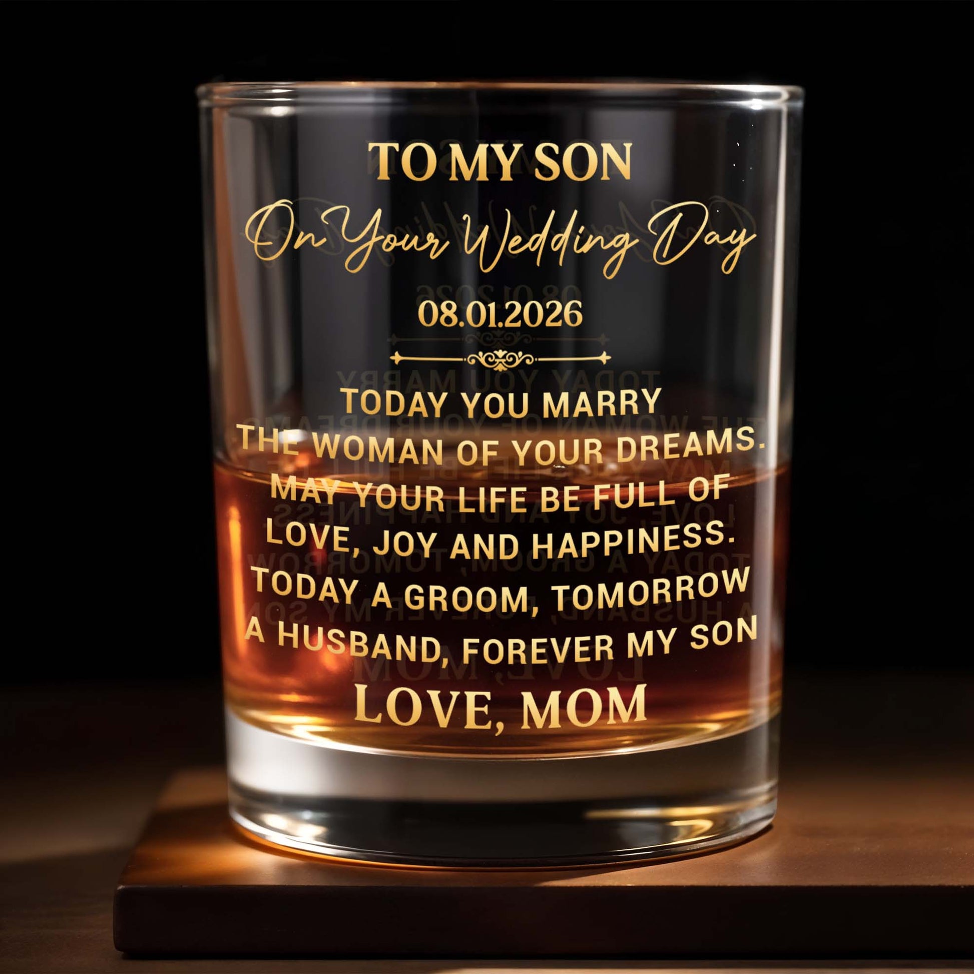 To My Son On Your Wedding Day Today A Groom Personalized Golden Design - Personalized Custom Whiskey Glass - SON152_RWG