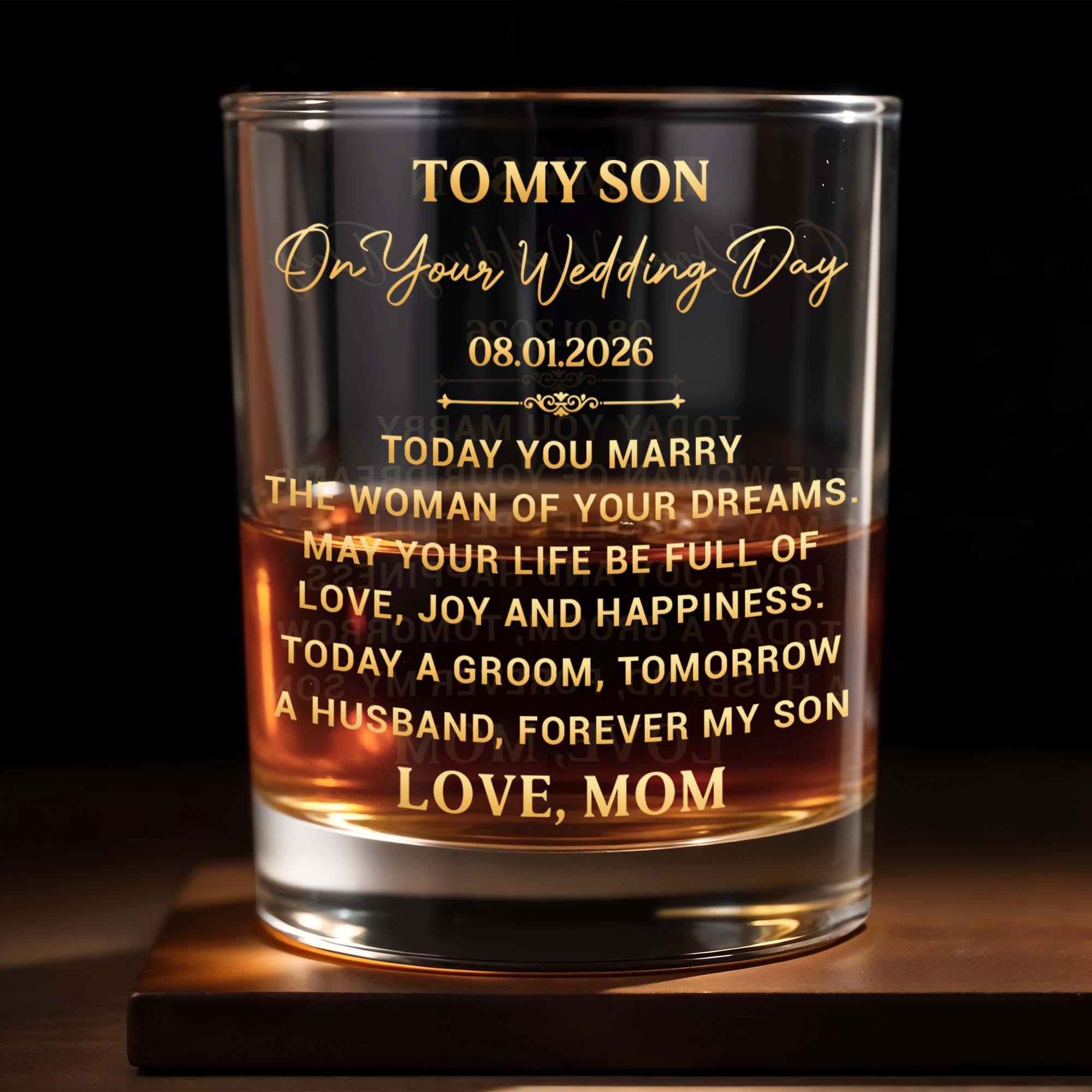 To My Son On Your Wedding Day Today A Groom Personalized Golden Design - Personalized Custom Whiskey Glass - SON152_RWG