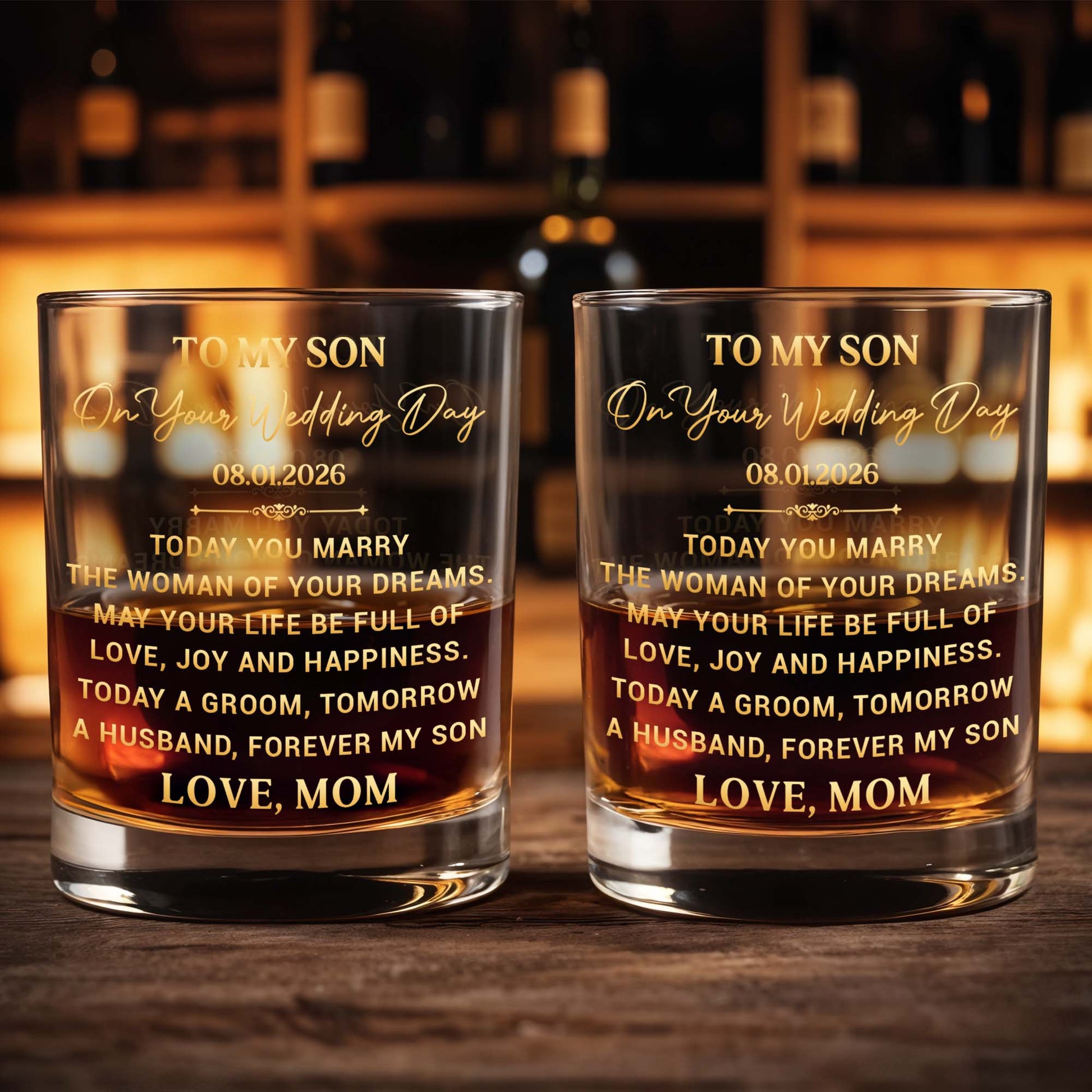 To My Son On Your Wedding Day Today A Groom Personalized Golden Design - Personalized Custom Whiskey Glass - SON152_RWG