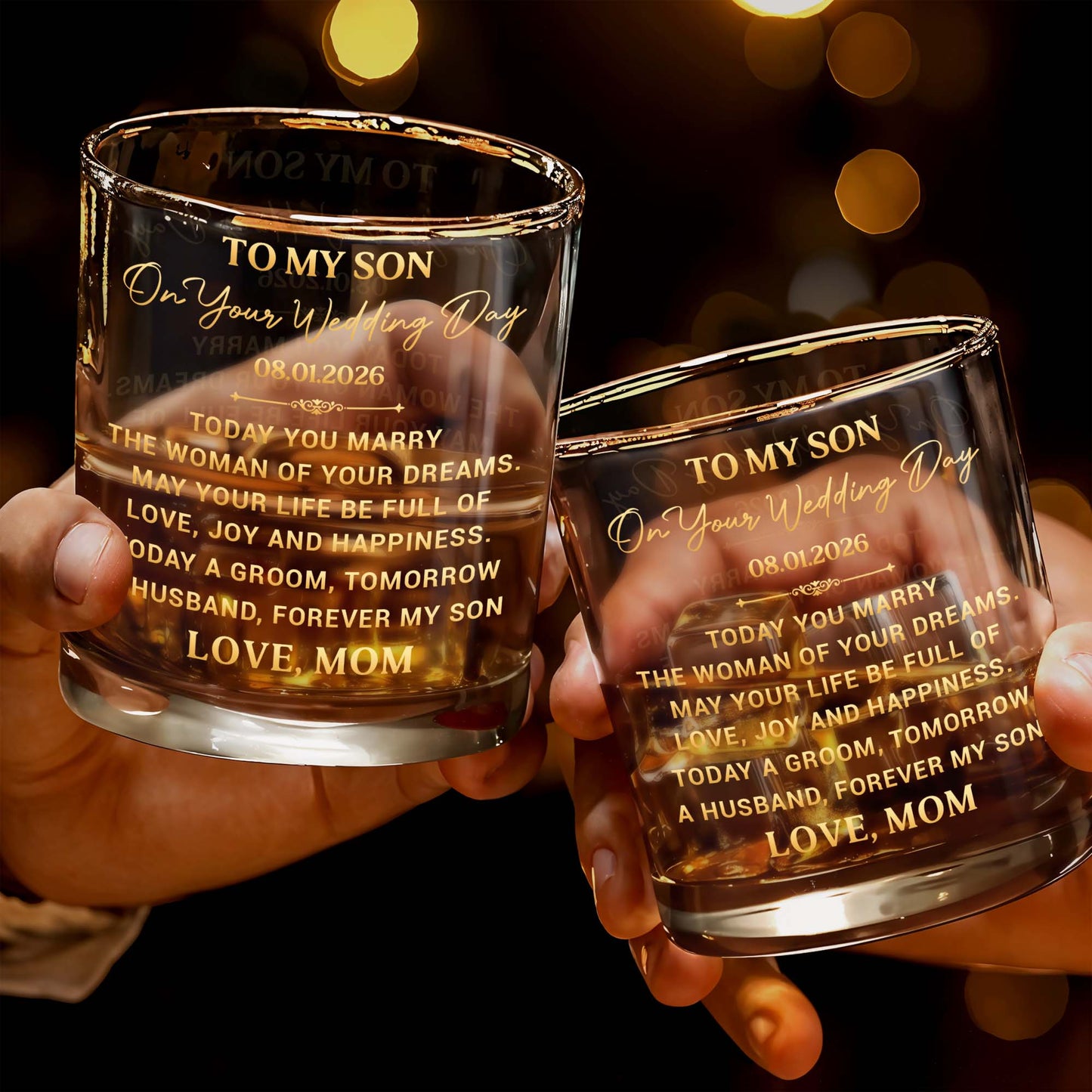 To My Son On Your Wedding Day Today A Groom Personalized Golden Design - Personalized Custom Whiskey Glass - SON152_RWG