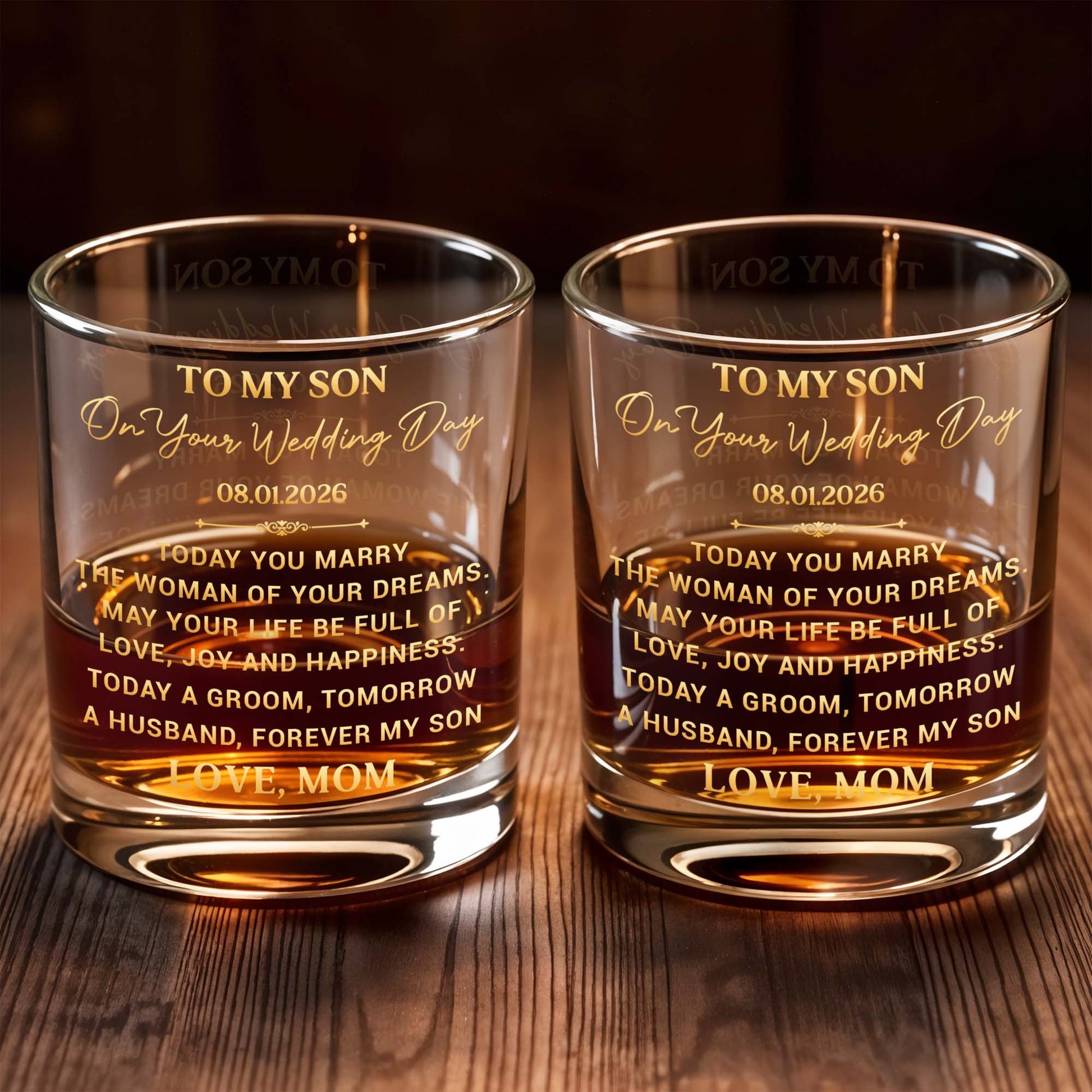 To My Son On Your Wedding Day Today A Groom Personalized Golden Design - Personalized Custom Whiskey Glass - SON152_RWG