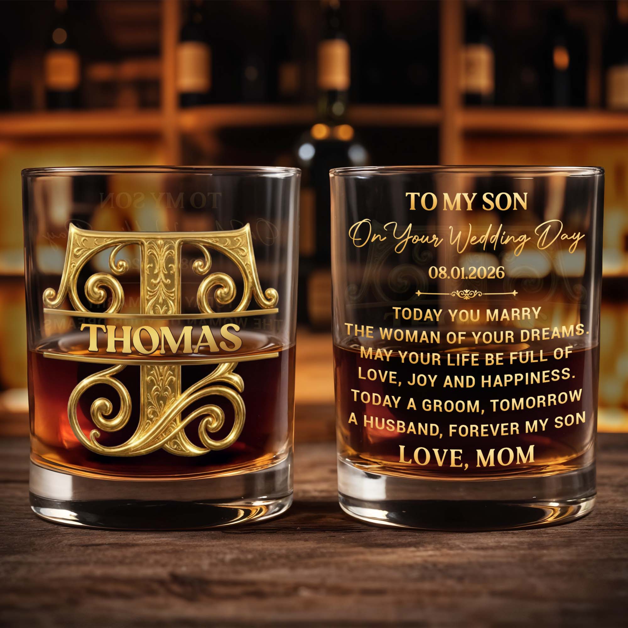 To My Son On Your Wedding Day Custom Monogram Initial - Personalized Custom Whiskey Glass - SON185_RWG