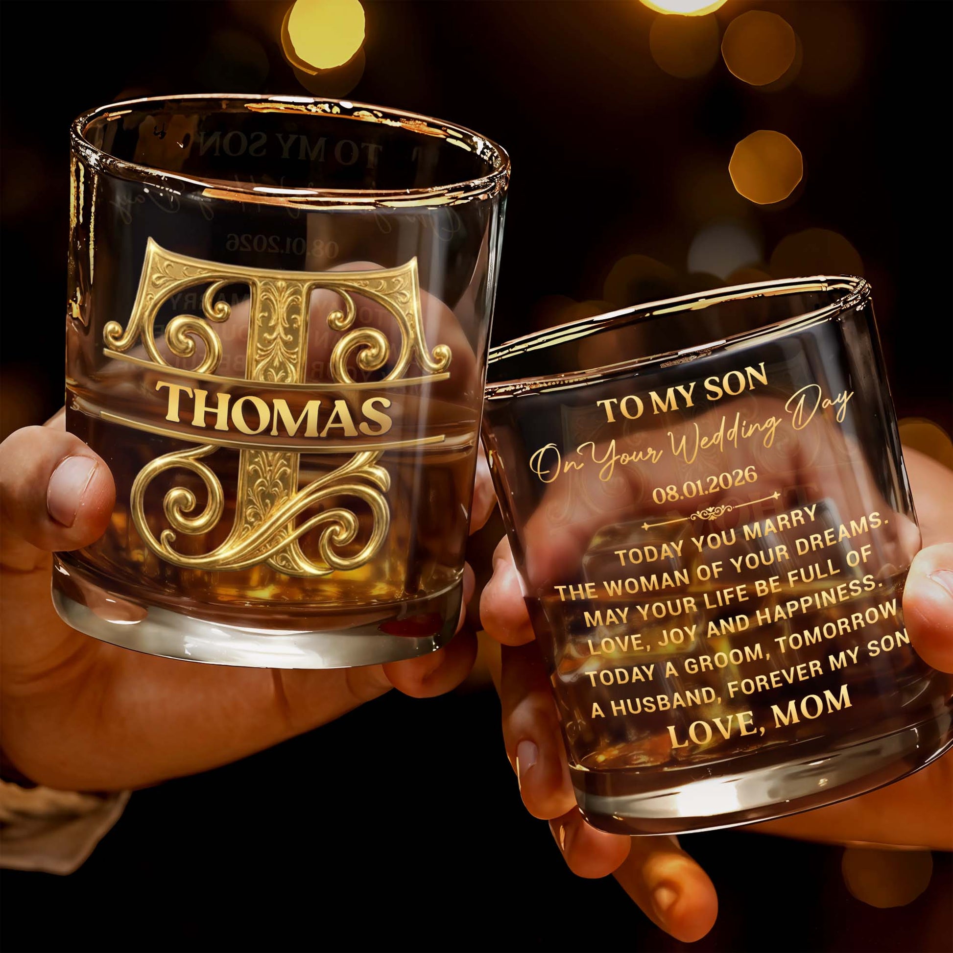 To My Son On Your Wedding Day Custom Monogram Initial - Personalized Custom Whiskey Glass - SON185_RWG