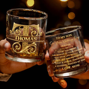 To My Son On Your Wedding Day Custom Monogram Initial - Personalized Custom Whiskey Glass - SON185_RWG