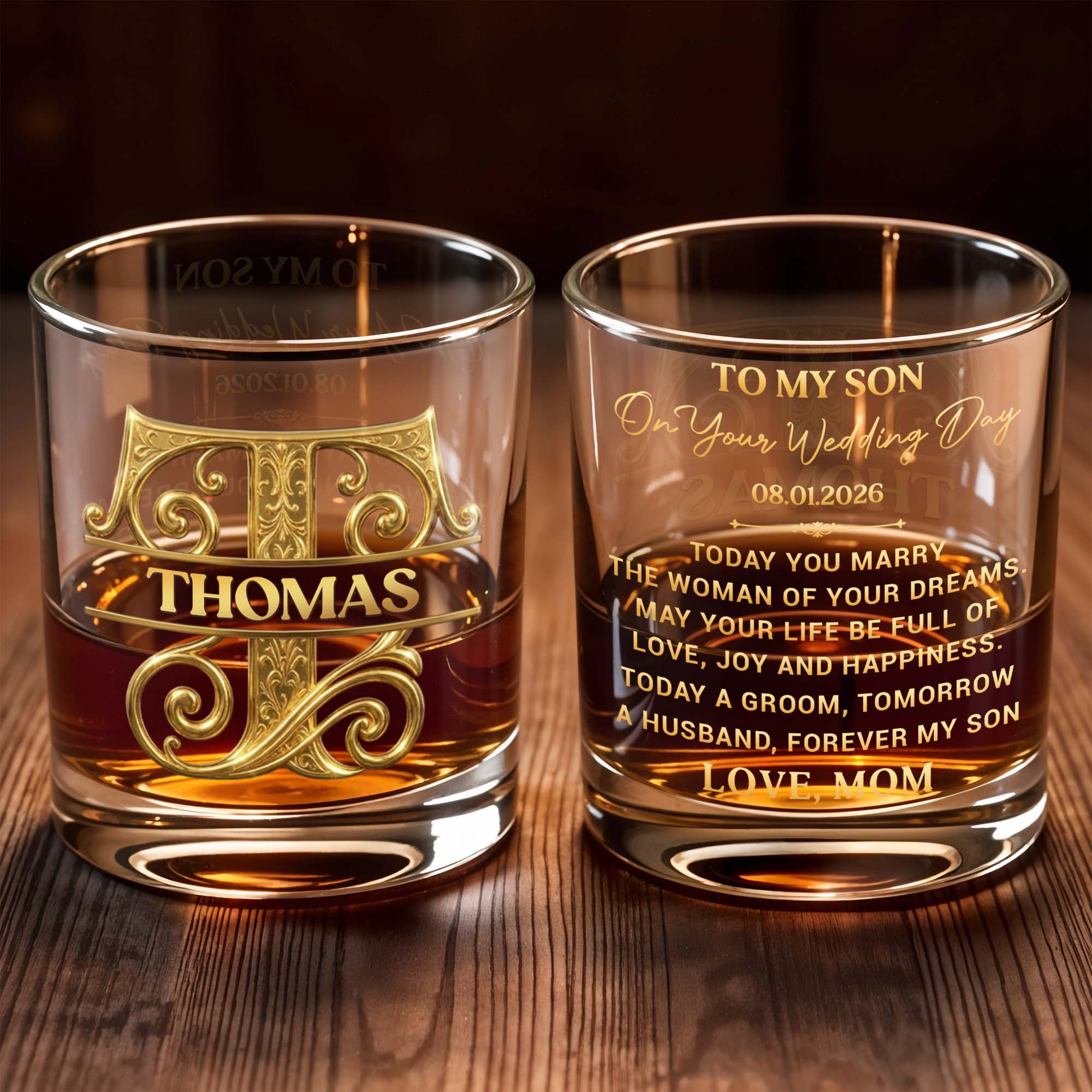 To My Son On Your Wedding Day Custom Monogram Initial - Personalized Custom Whiskey Glass - SON185_RWG