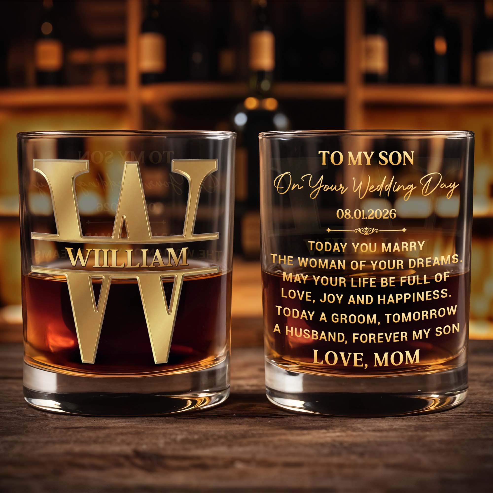 To My Son On Your Wedding Day With 3D Golden Split Monogram - Personalized Custom Whiskey Glass - SON187_RWG