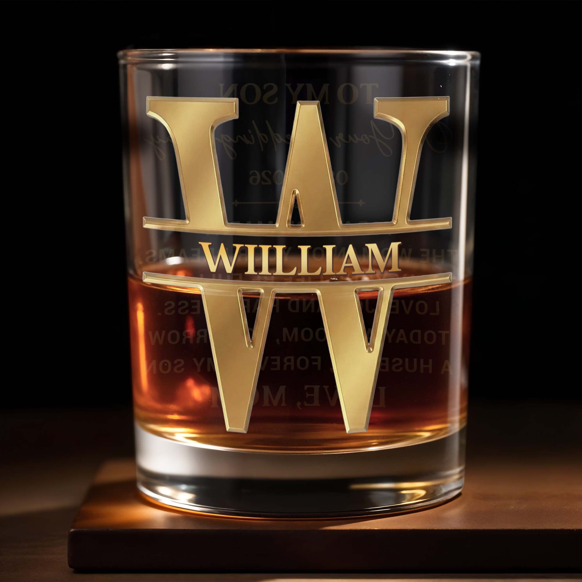 To My Son On Your Wedding Day With 3D Golden Split Monogram - Personalized Custom Whiskey Glass - SON187_RWG